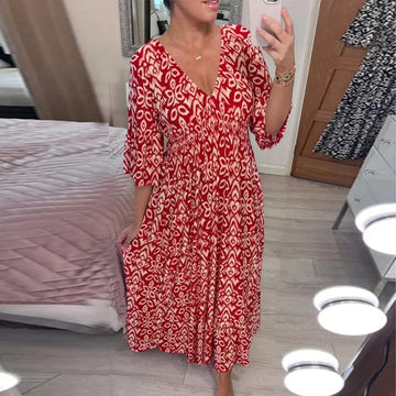 Bedrucktes Kleid Mit V-Ausschnitt und Weiten ärmeln