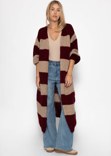 Extra Langer Cardigan MIT Blockstreifen - Burgogne