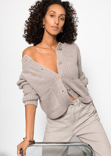 Gerippter Cardigan Mit Taschen - Taupe