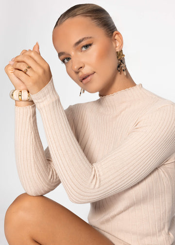 Rippstrickoboberteil Mit Stehkragen - Beige