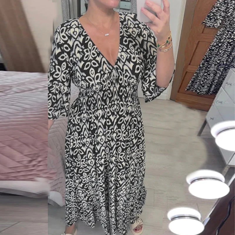 Bedrucktes Kleid Mit V-Ausschnitt und Weiten ärmeln