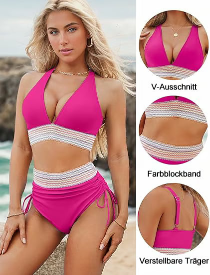 Letzter Tag 2025 Bikini-Sets mit hoher Taille und Bauchkontrolle im Farbblockdesign