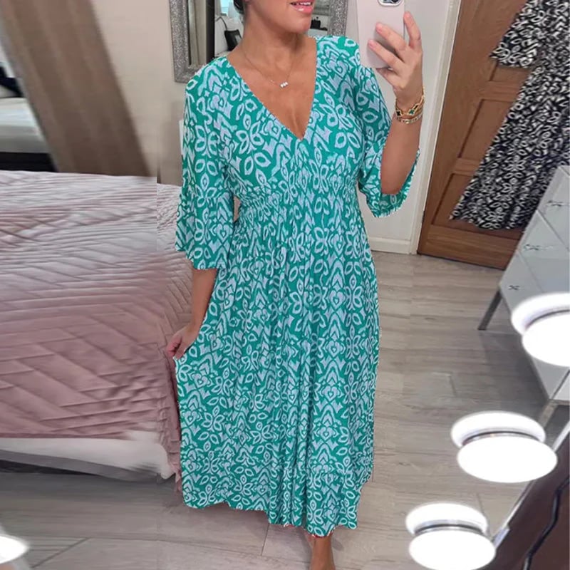 Bedrucktes Kleid Mit V-Ausschnitt und Weiten ärmeln