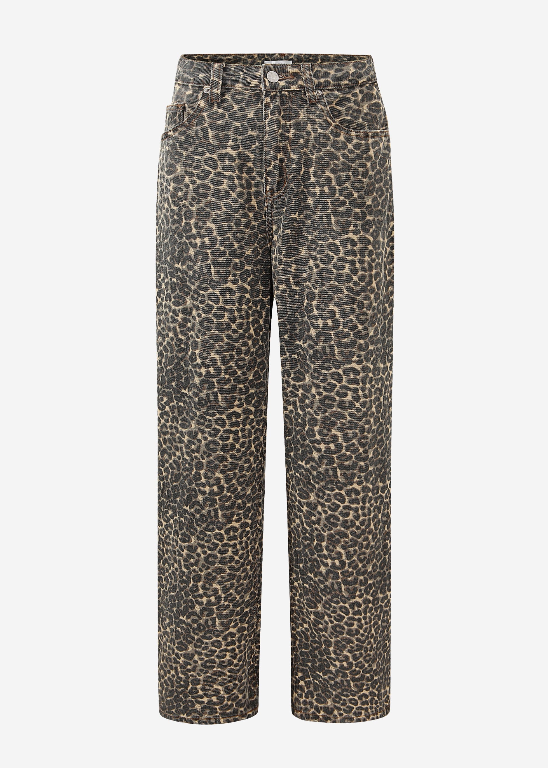 Breet Leg Jeans Mëllech Houfhem am Leo-Print - Beier