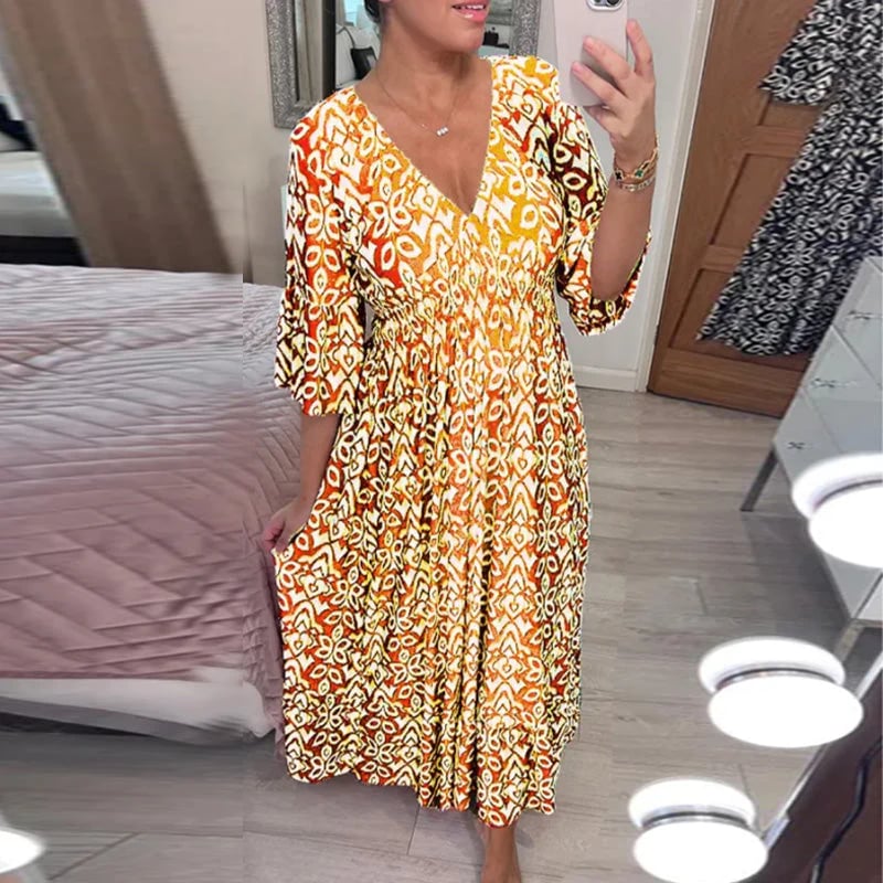 Bedrucktes Kleid Mit V-Ausschnitt und Weiten ärmeln