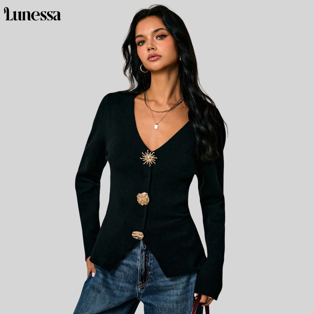 Cardigan emblématique Lunessa ™ Noir - MIT de style déclaration Goldknöpfen
