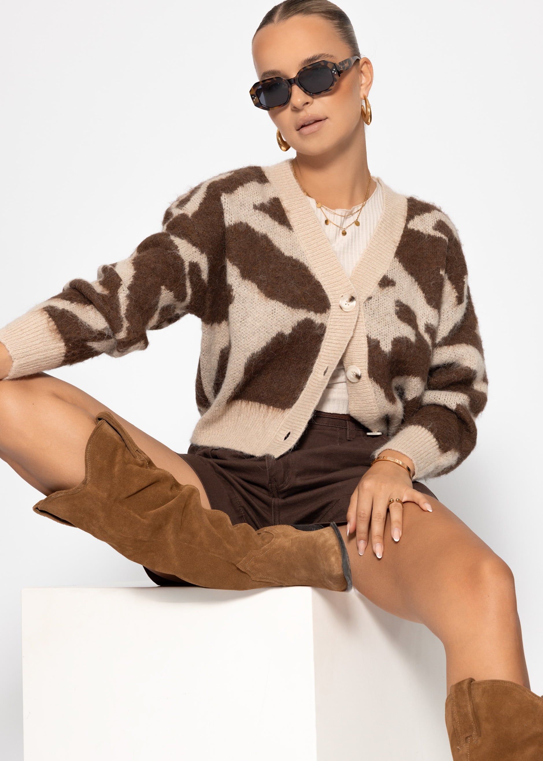 Cardigan MIT Animal Print - Braun