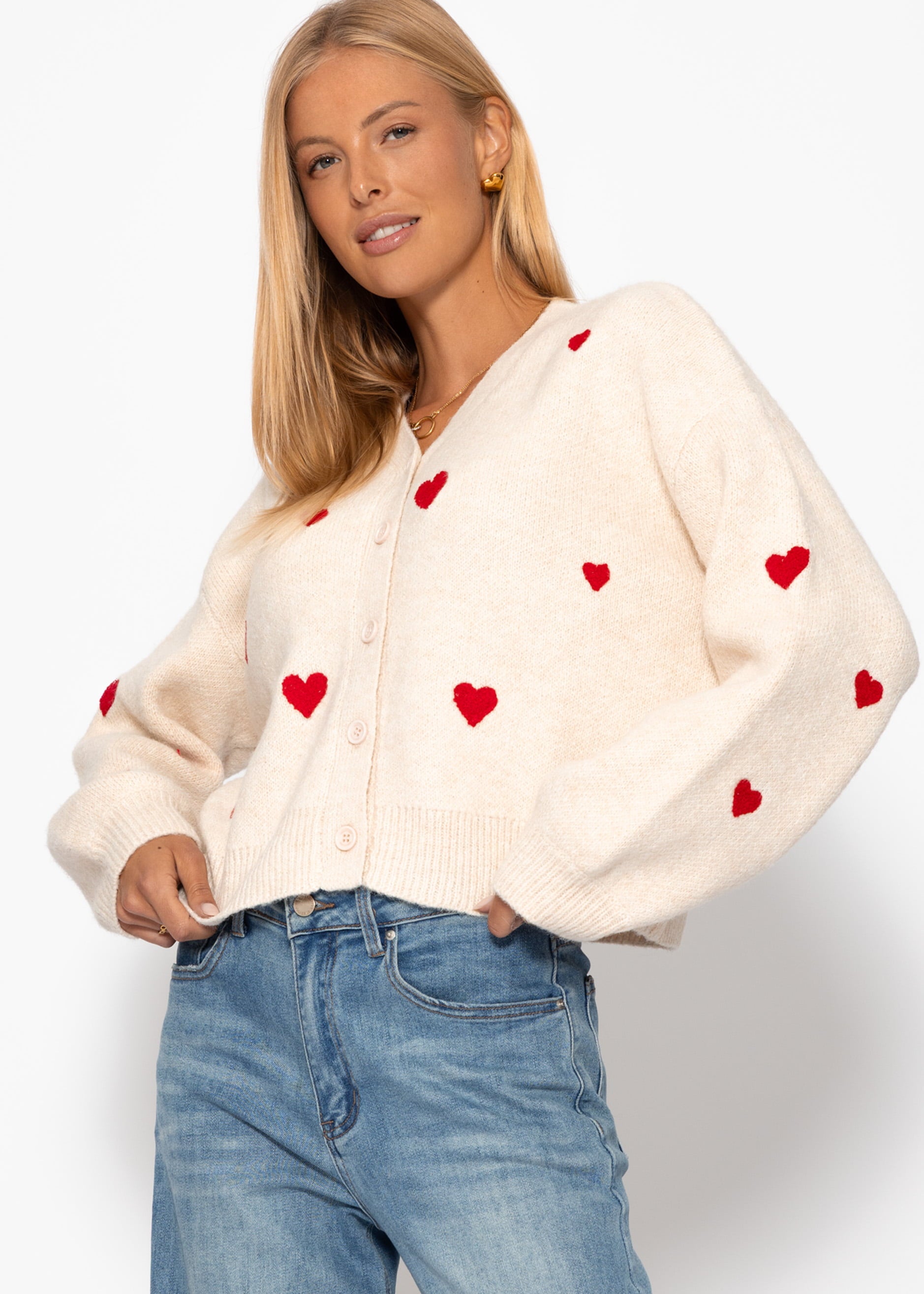Cardigan Mit Roten Herzen - Offwhite