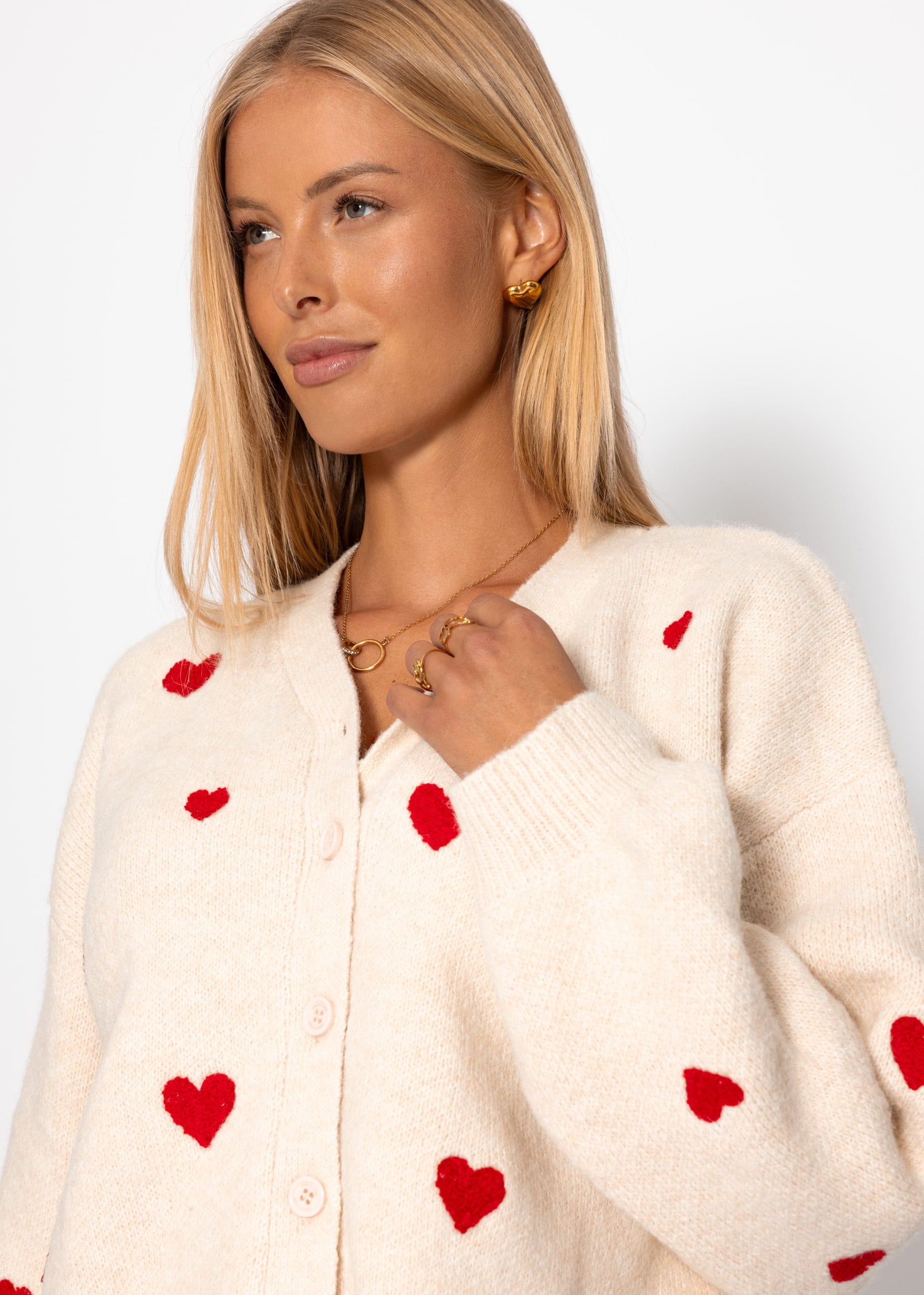 Cardigan Mit Roten Herzen - Offwhite