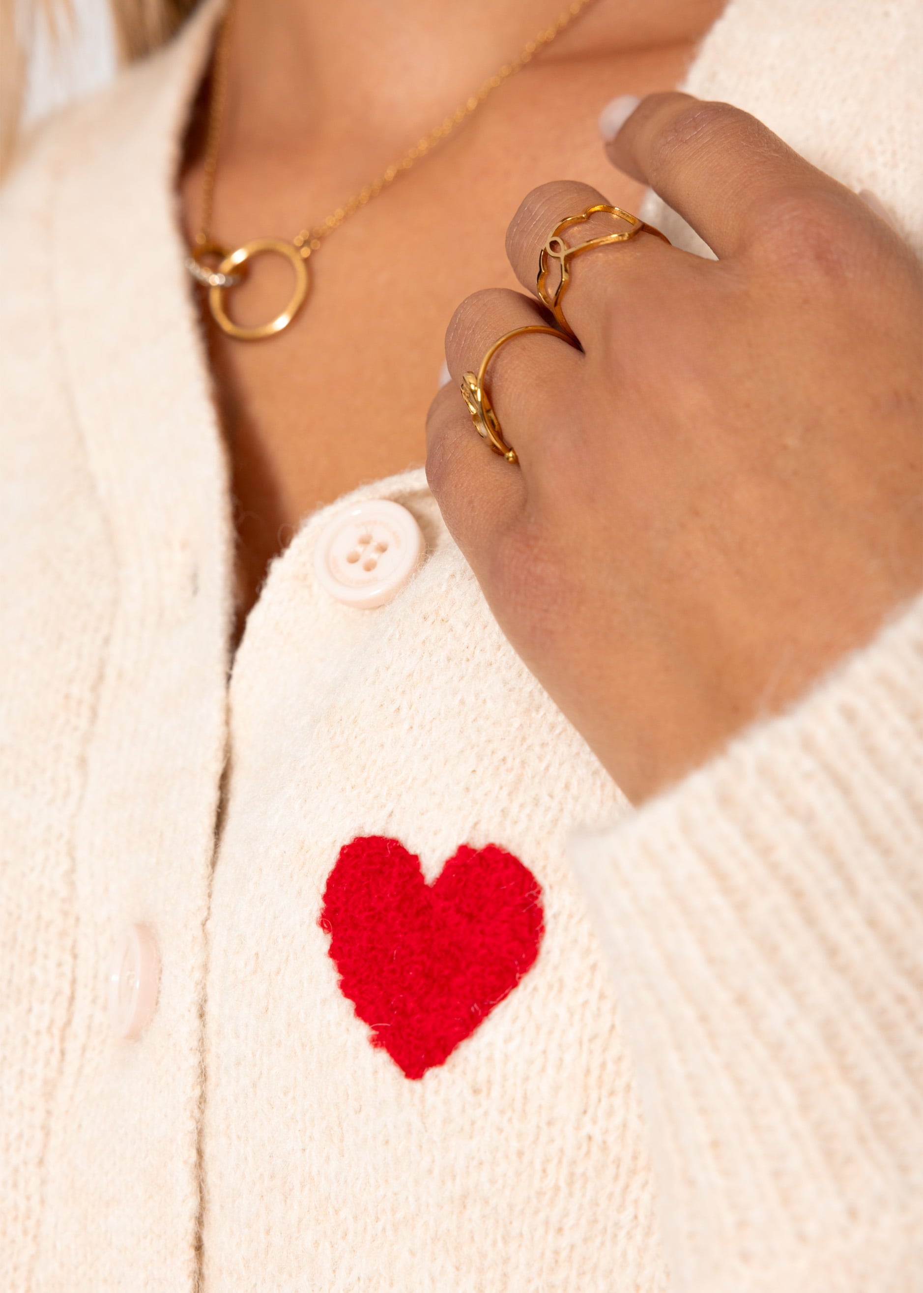 Cardigan Mit Roten Herzen - Offwhite