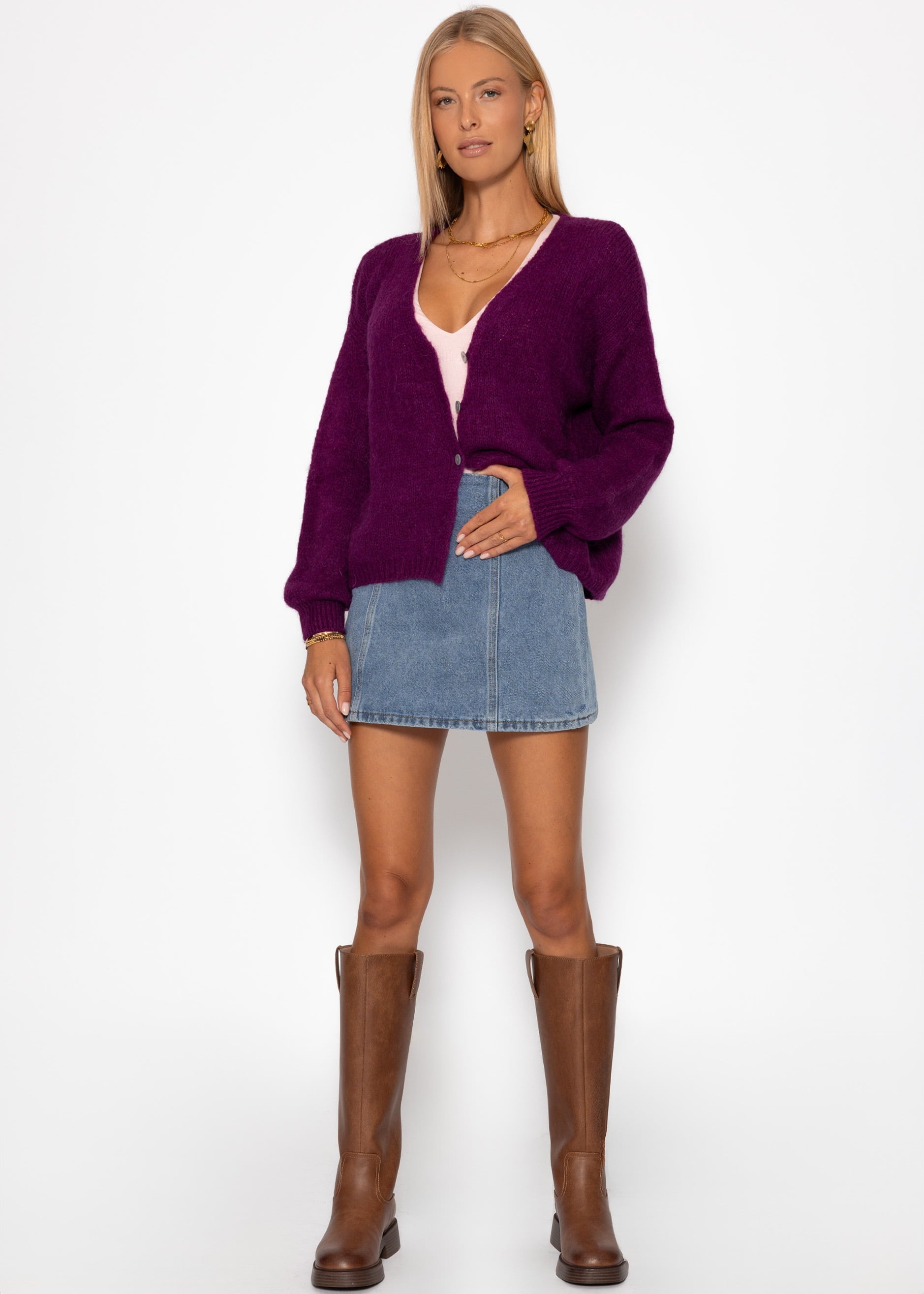 Cardigan mit V-Ausschnitt und Knopfleiste - plum