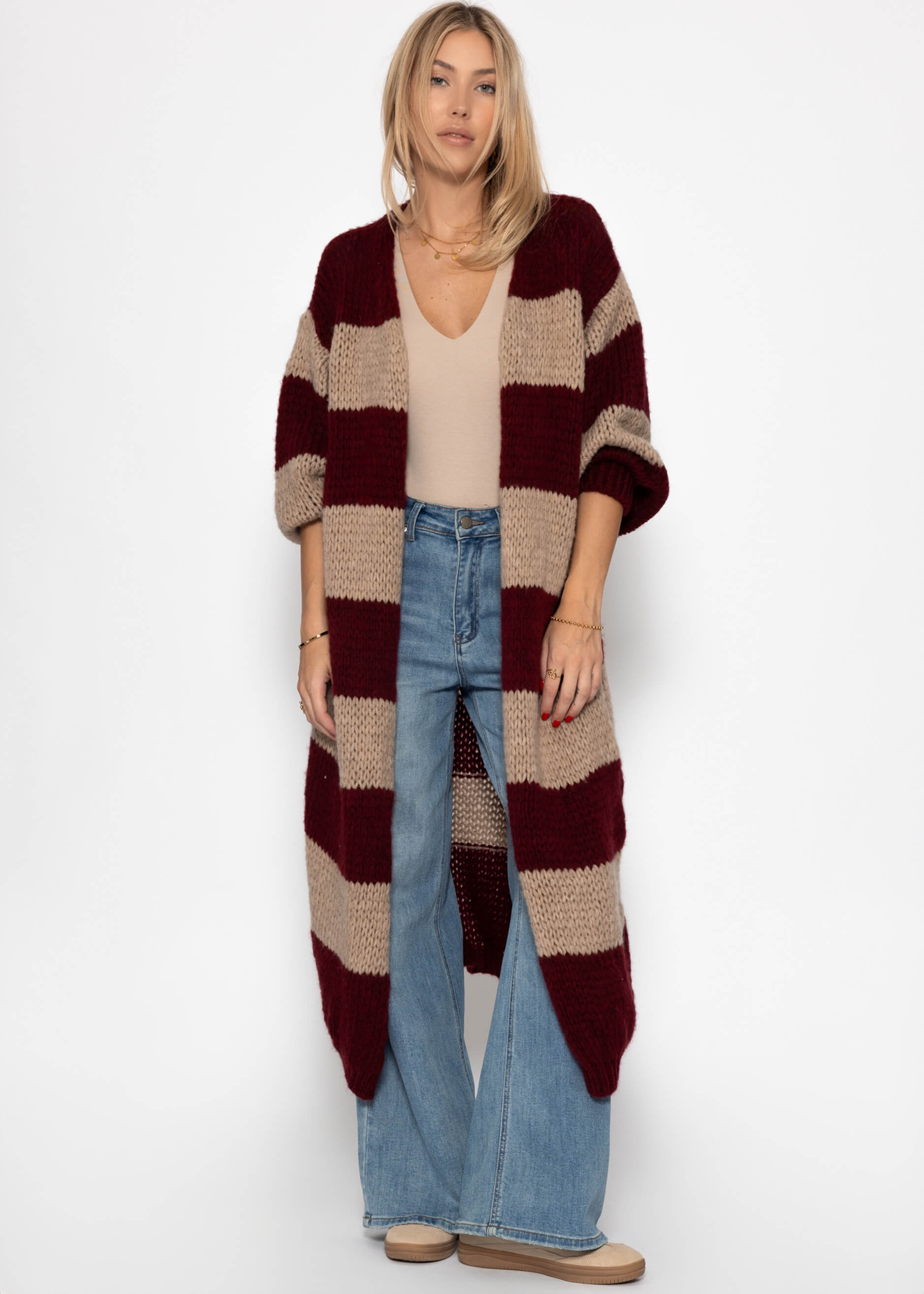 Extra Langer Cardigan MIT Blockstreifen - Bourgogne