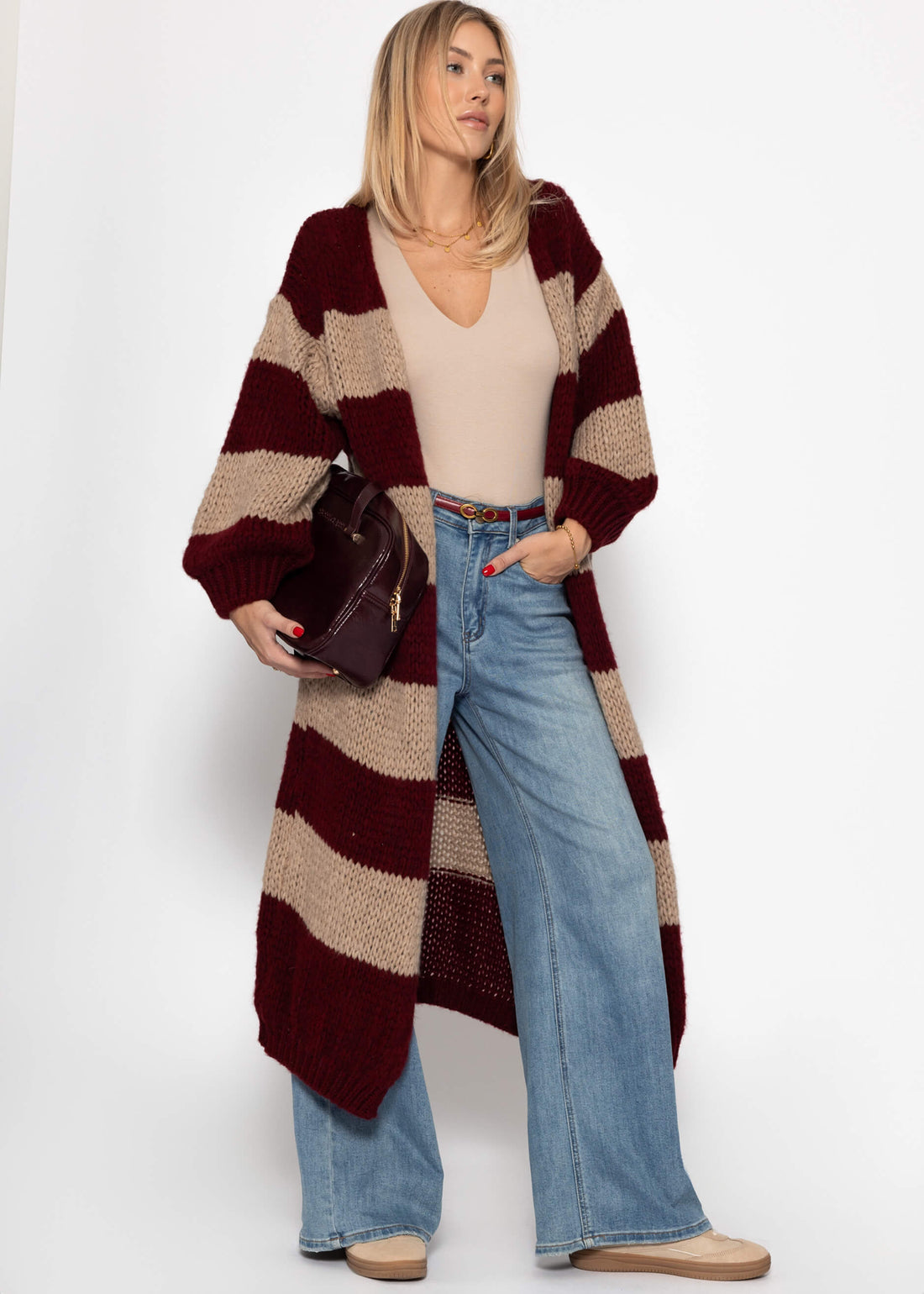 Ekstra Langer Cardigan MIT Blockstreifen - Burgundy
