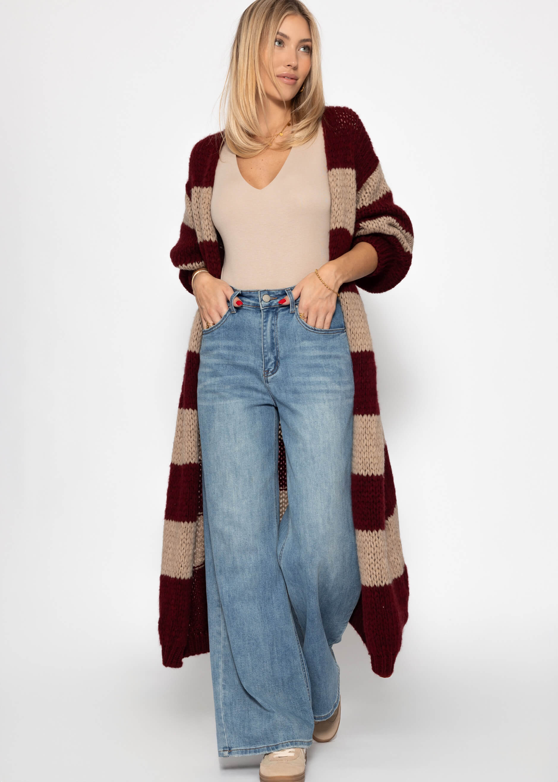 Extra Langer Cardigan MIT Blockstreifen - Bourgogne