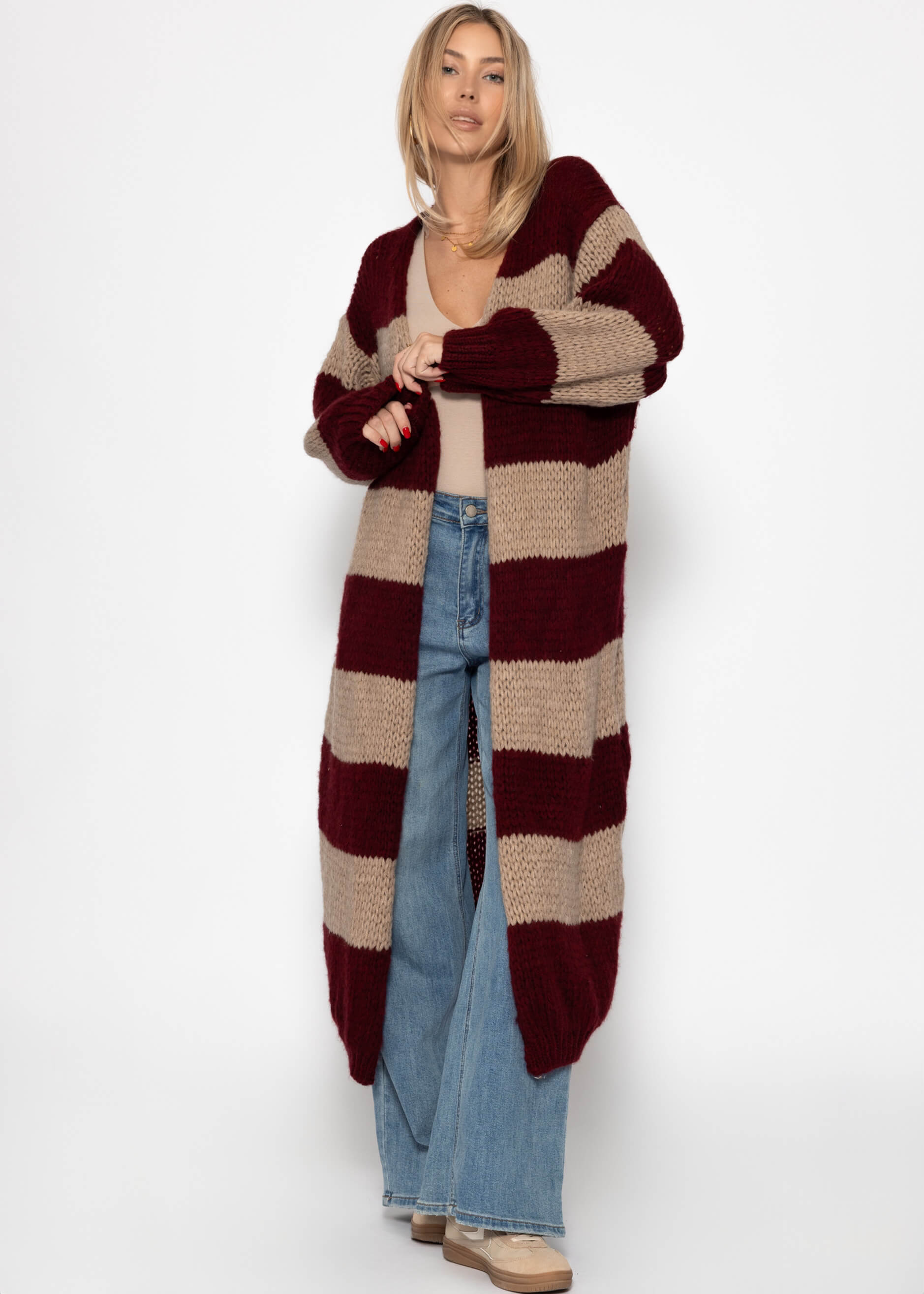 Extra Langer Cardigan MIT Blockstreifen - Bourgogne