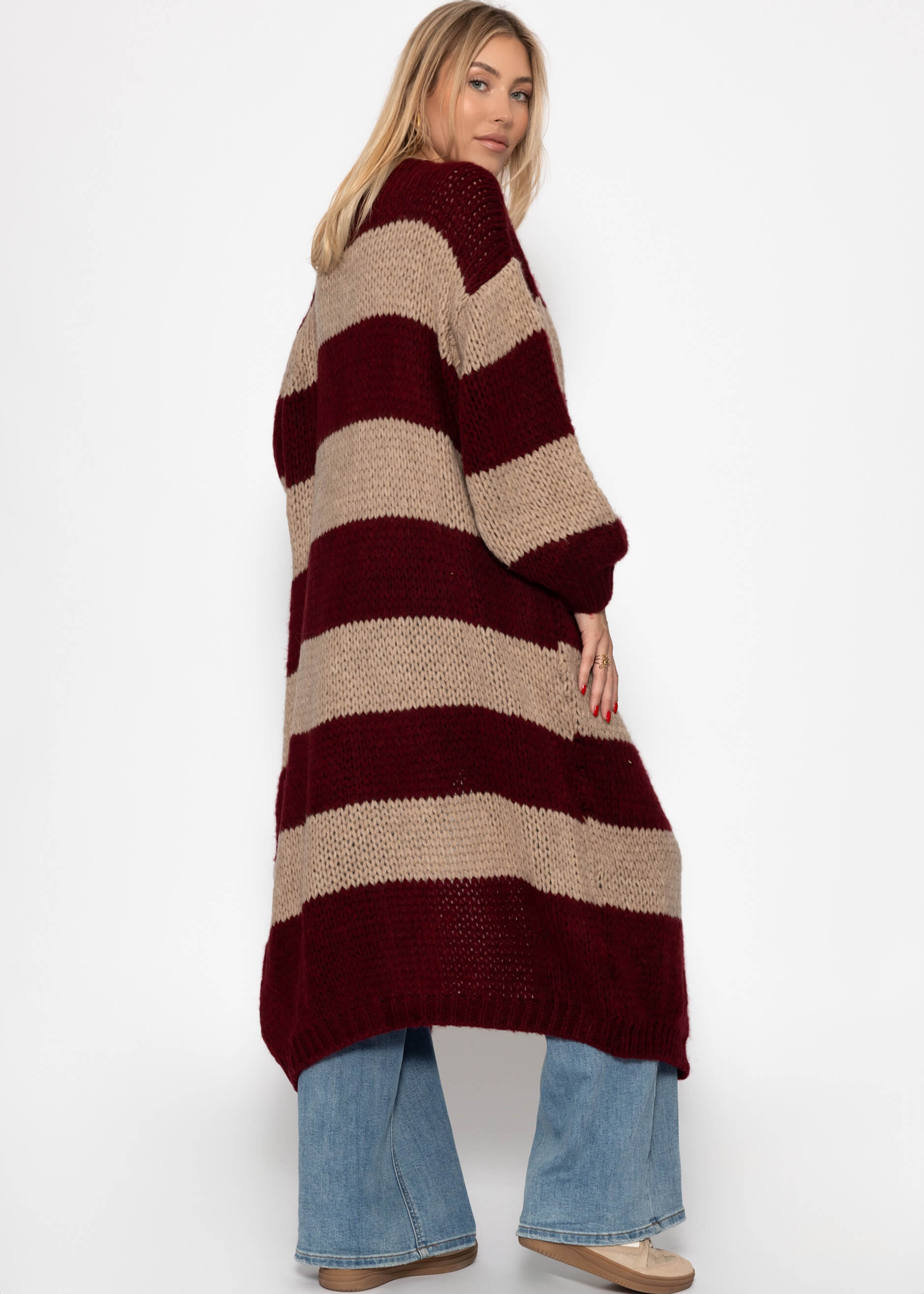 Extra Langer Cardigan MIT Blockstreifen - Bourgogne