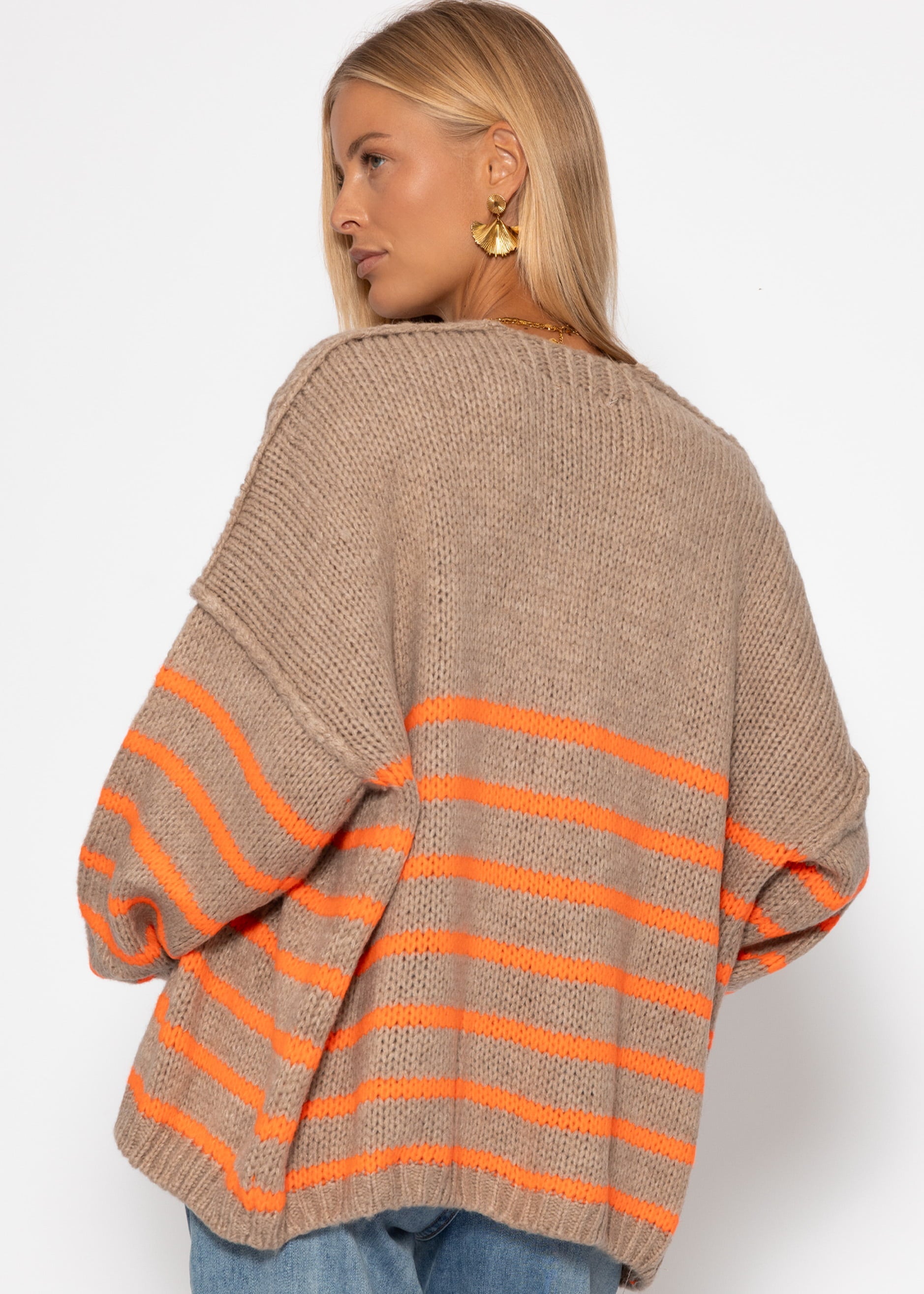 Gestreifter cardigan mit außennähten - beige