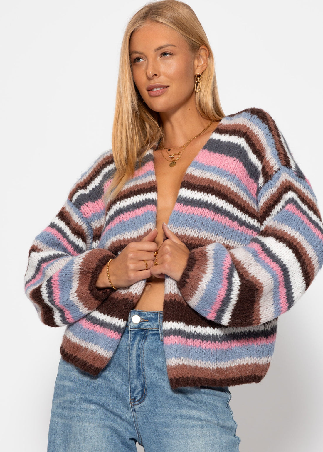 Gestreifter, Mehrfarbiger -Strickjacke - Braun