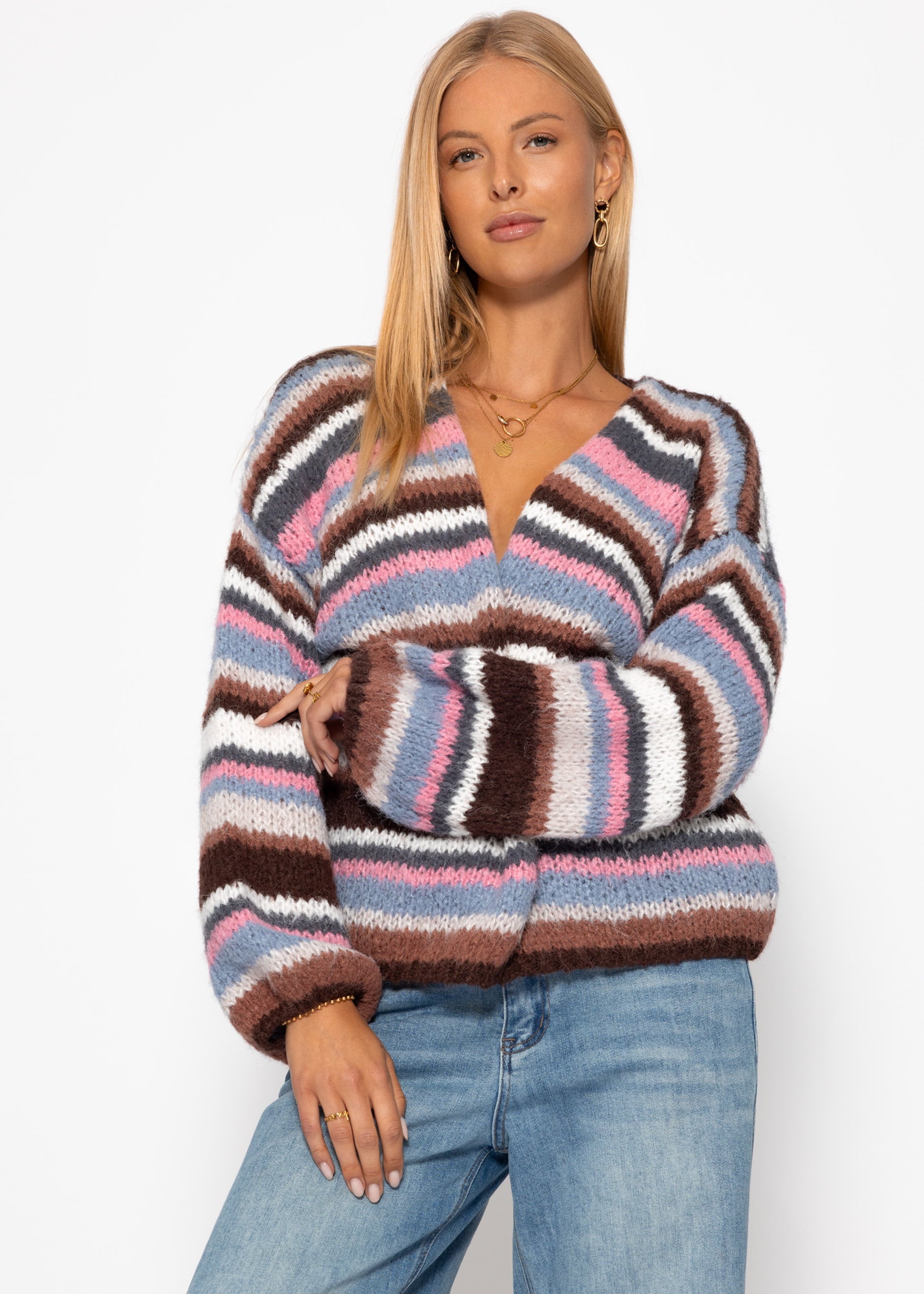 Gestreifter, mehrfarbiger Cardigan - braun