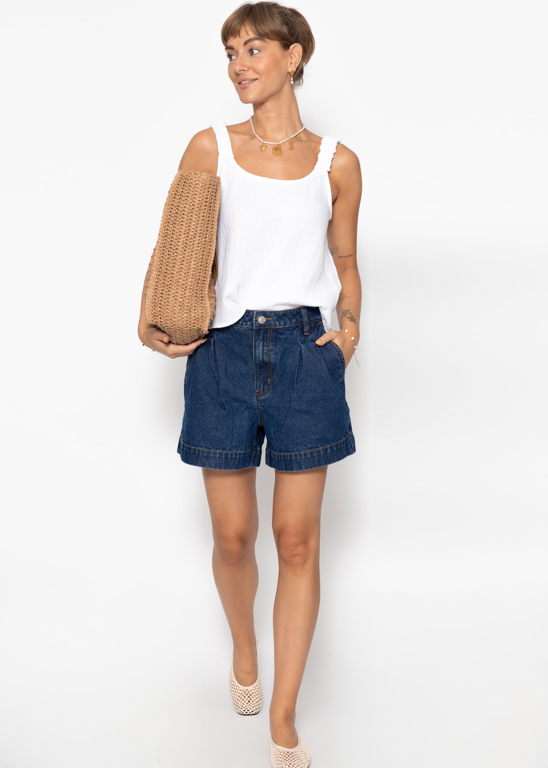 Shorts de jean à taille haute - Dunkelblau