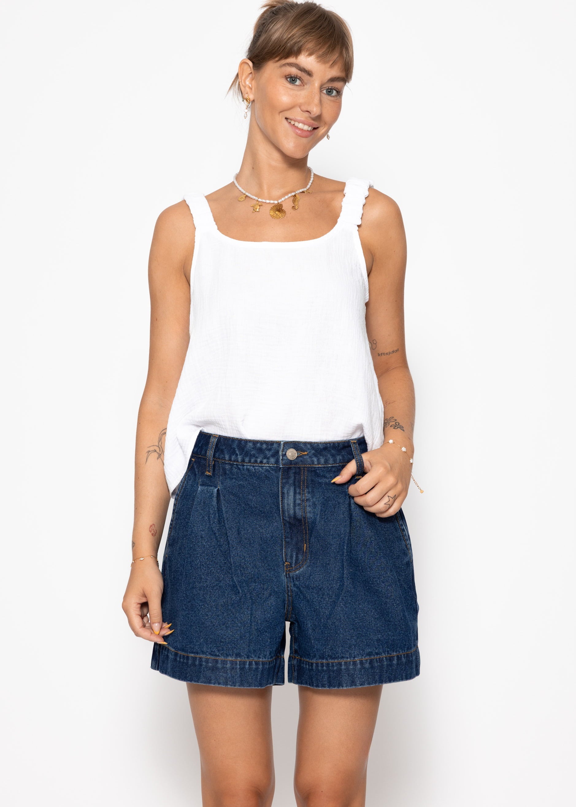 Shorts de jean à taille haute - Dunkelblau