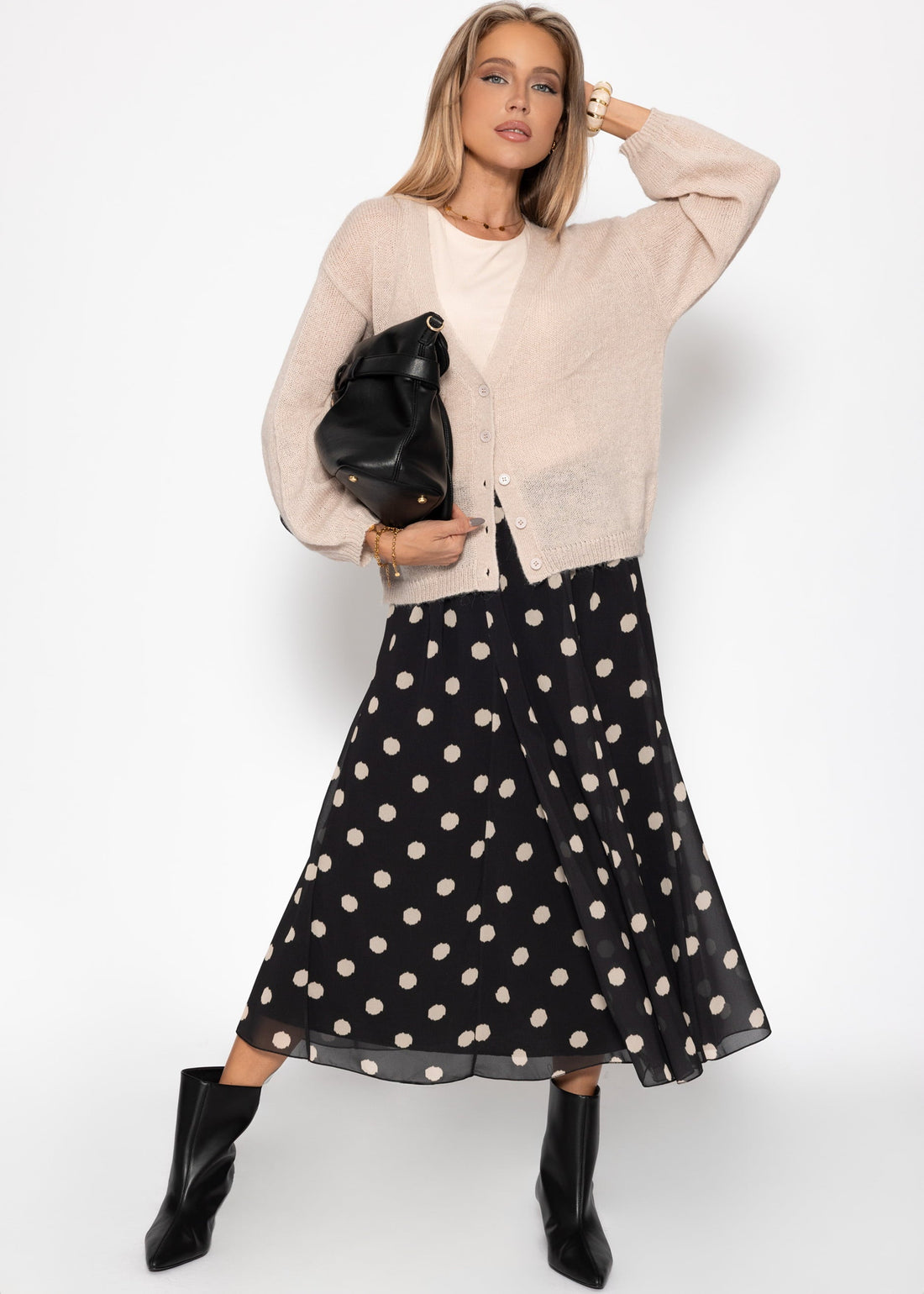Langer Chiffon Rock Mit Polka Dot -Print - Schwarz