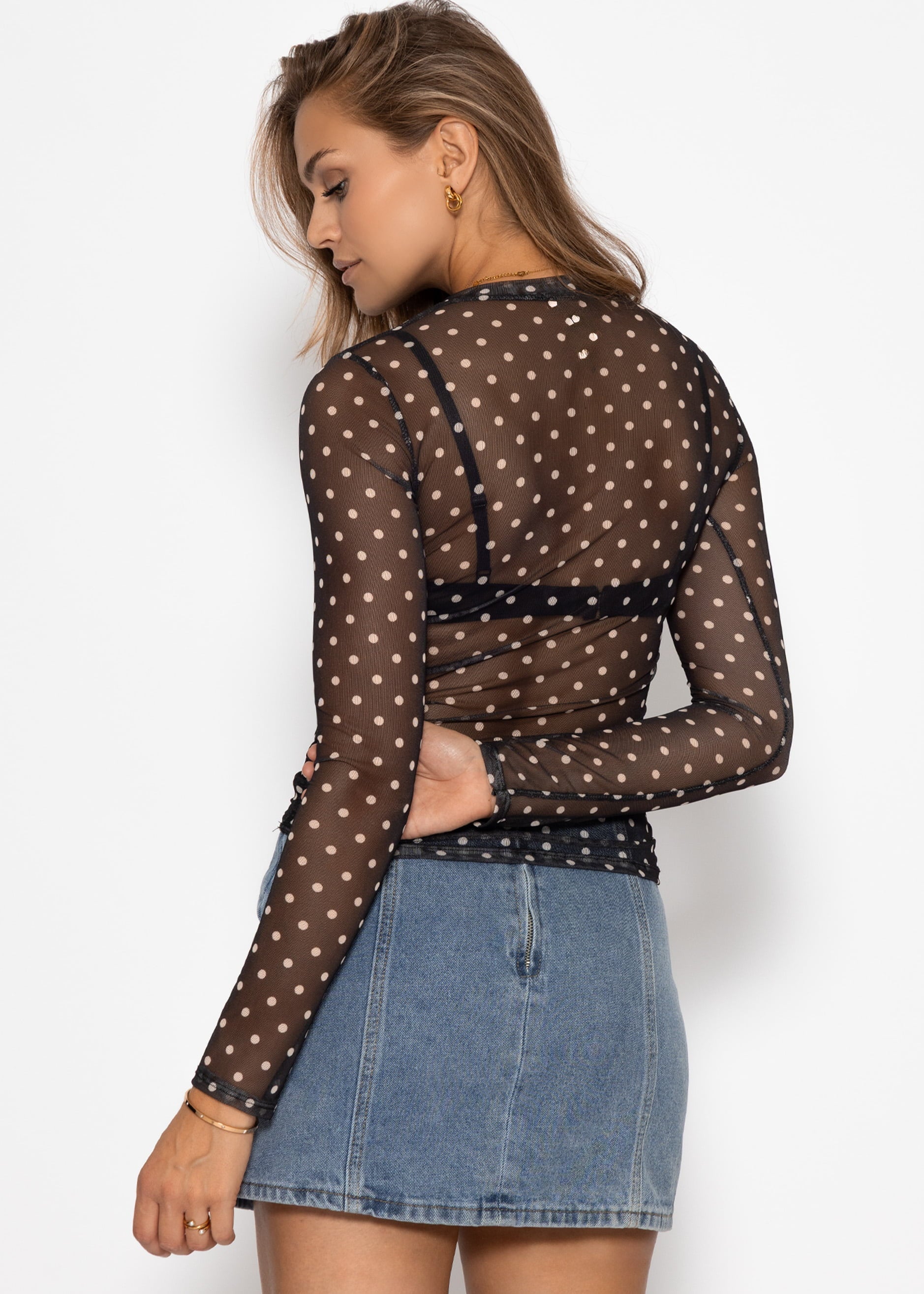 Mesh Langarmshirt Mit Punkten - Schwarz