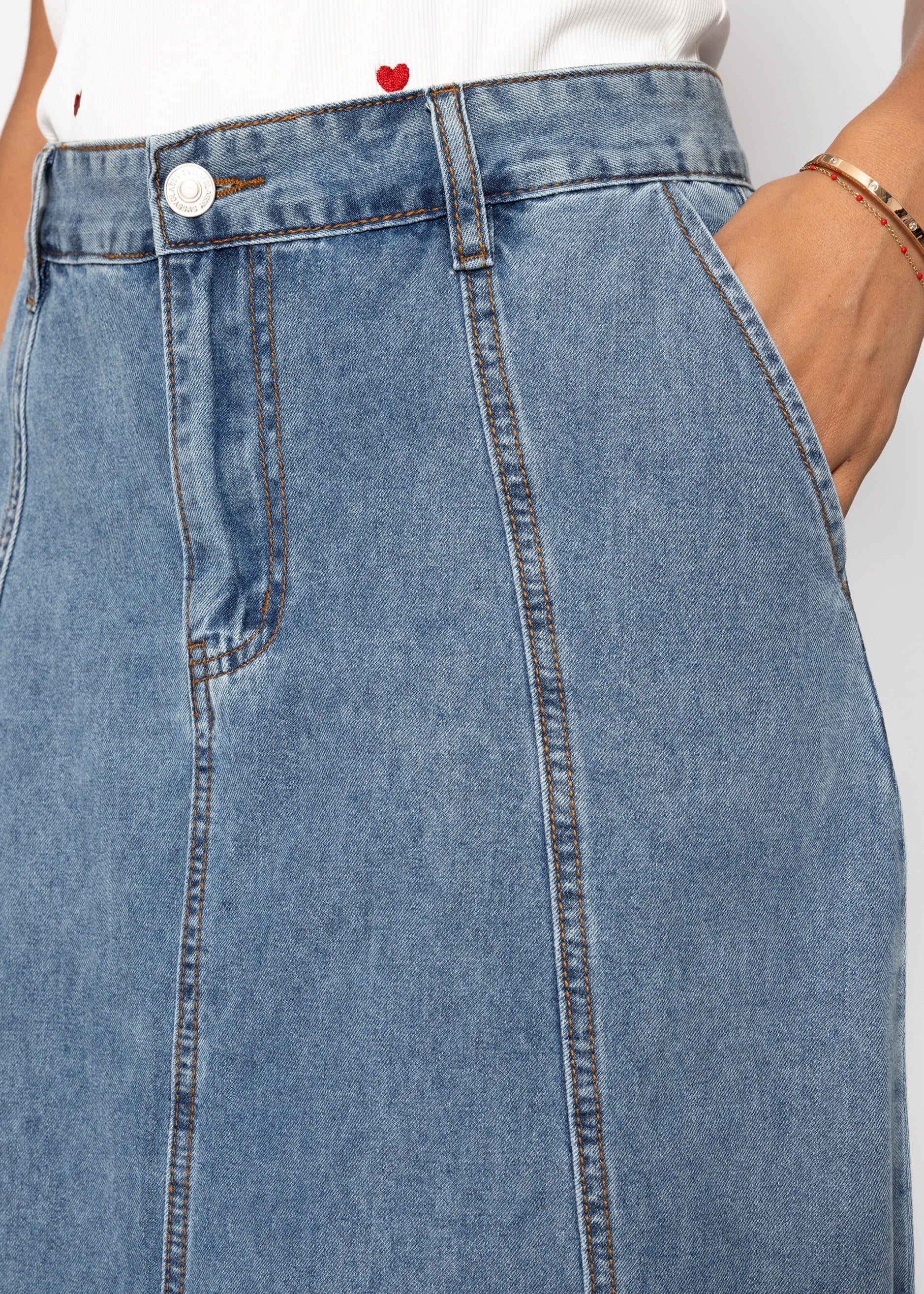 Midi Jeans Rock Mit Tickingnsnähten - Blau