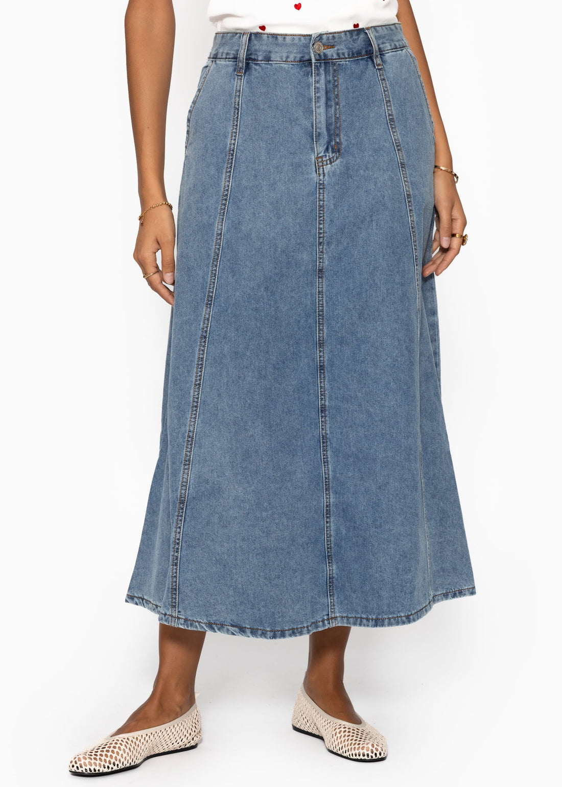 Midi Jeans Rock Mit Tickingnsnähten - Blau