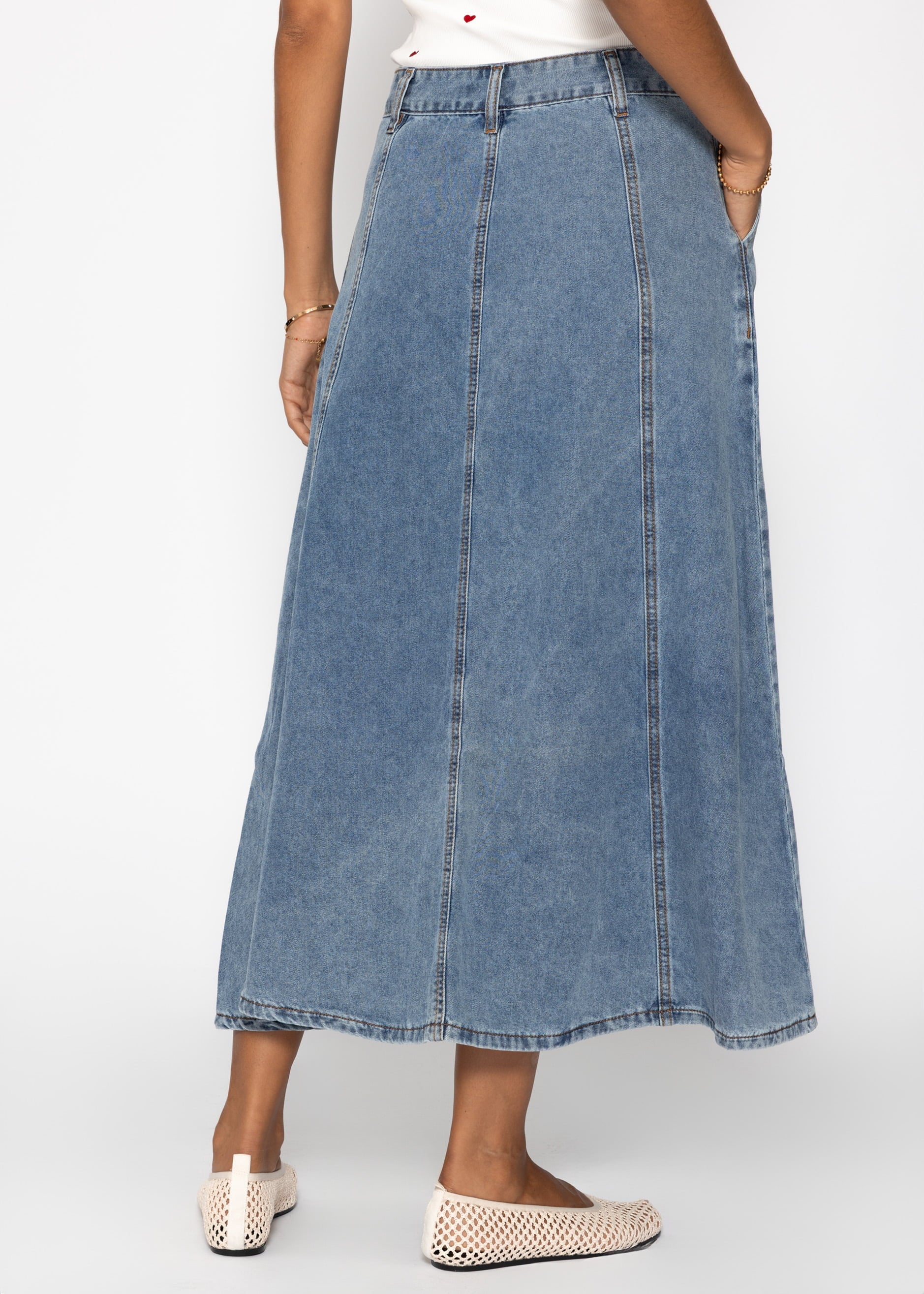 Midi Jeans Rock Mit Tickingnsnähten - Blau