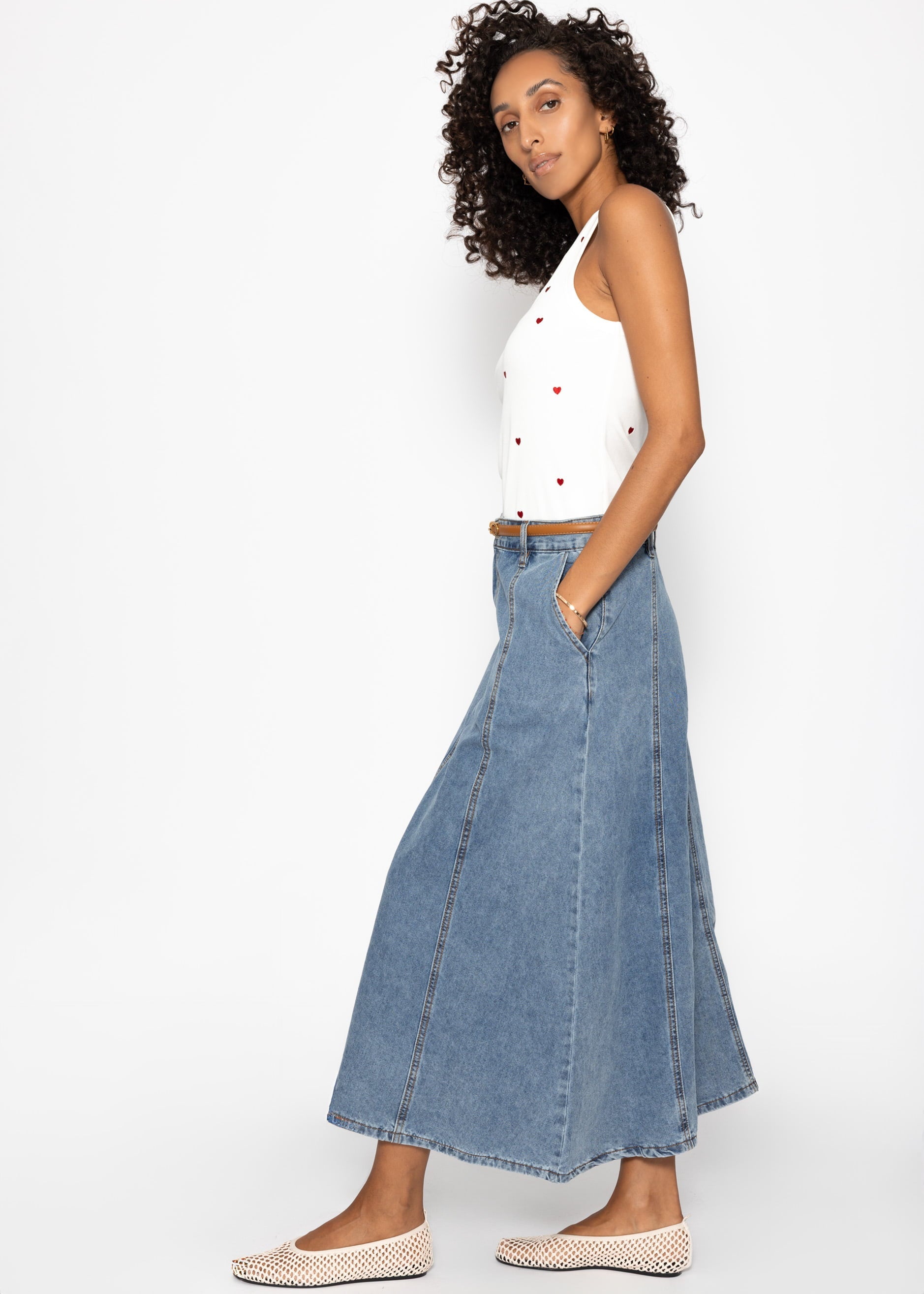 Midi Jeans Rock Mit Tickingnsnähten - Blau