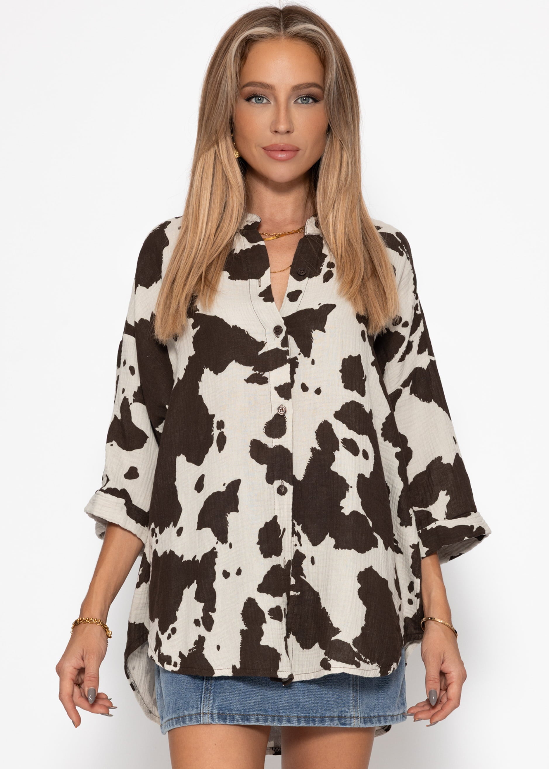 Musselin Blus Mit Kurzen ärmeln i Kuh Print - Braun