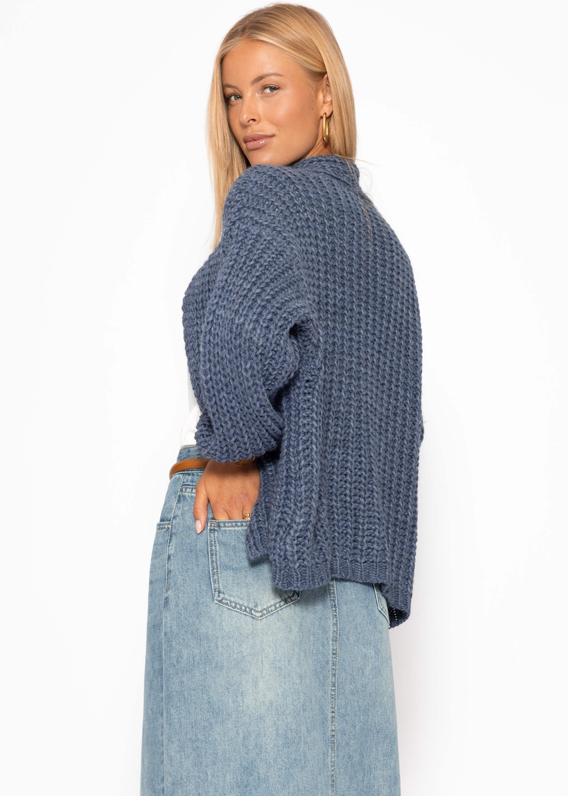 Offener Grobstrick-Cardigan - Blau