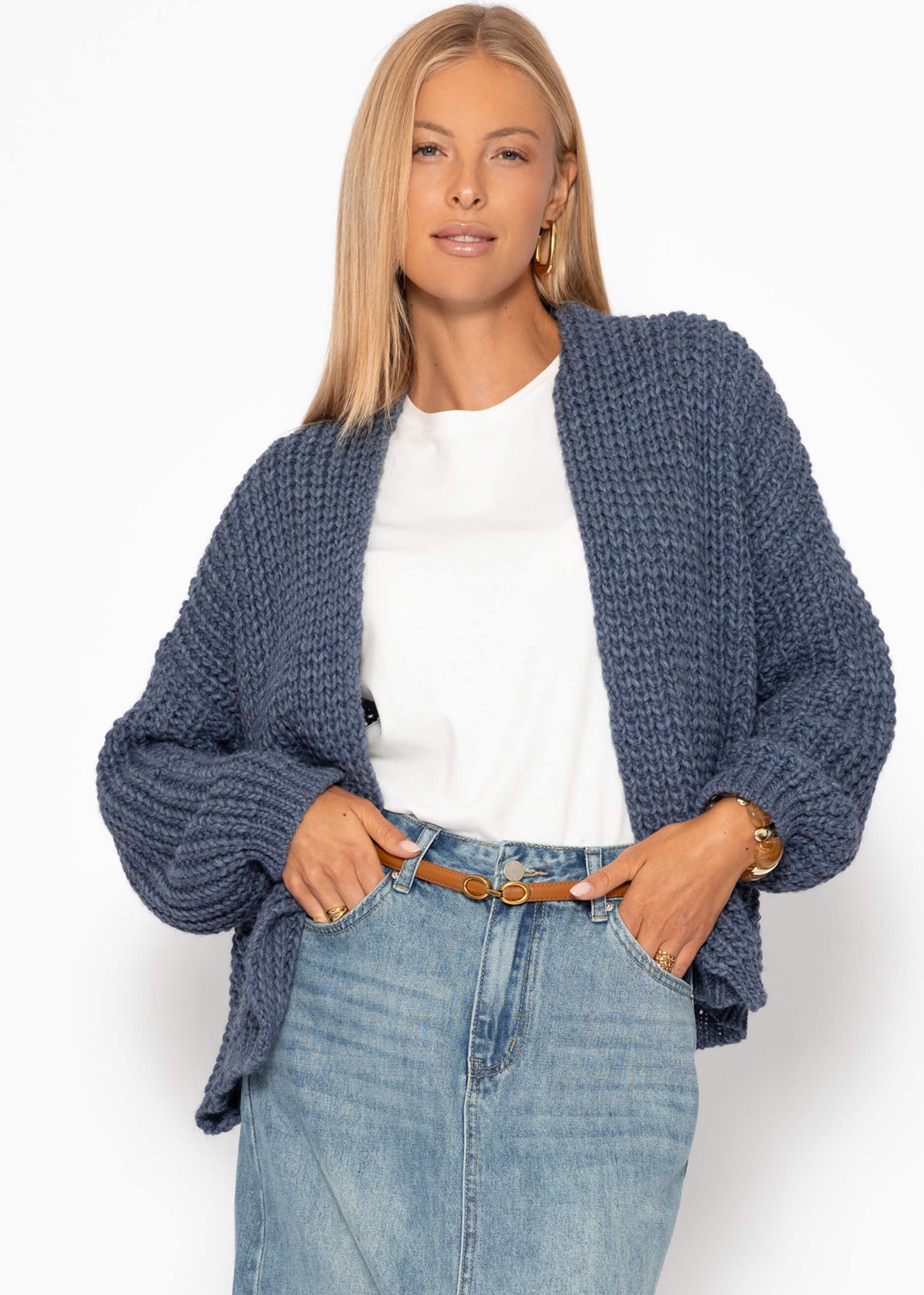 Offener Grobstrick-Cardigan - Blau