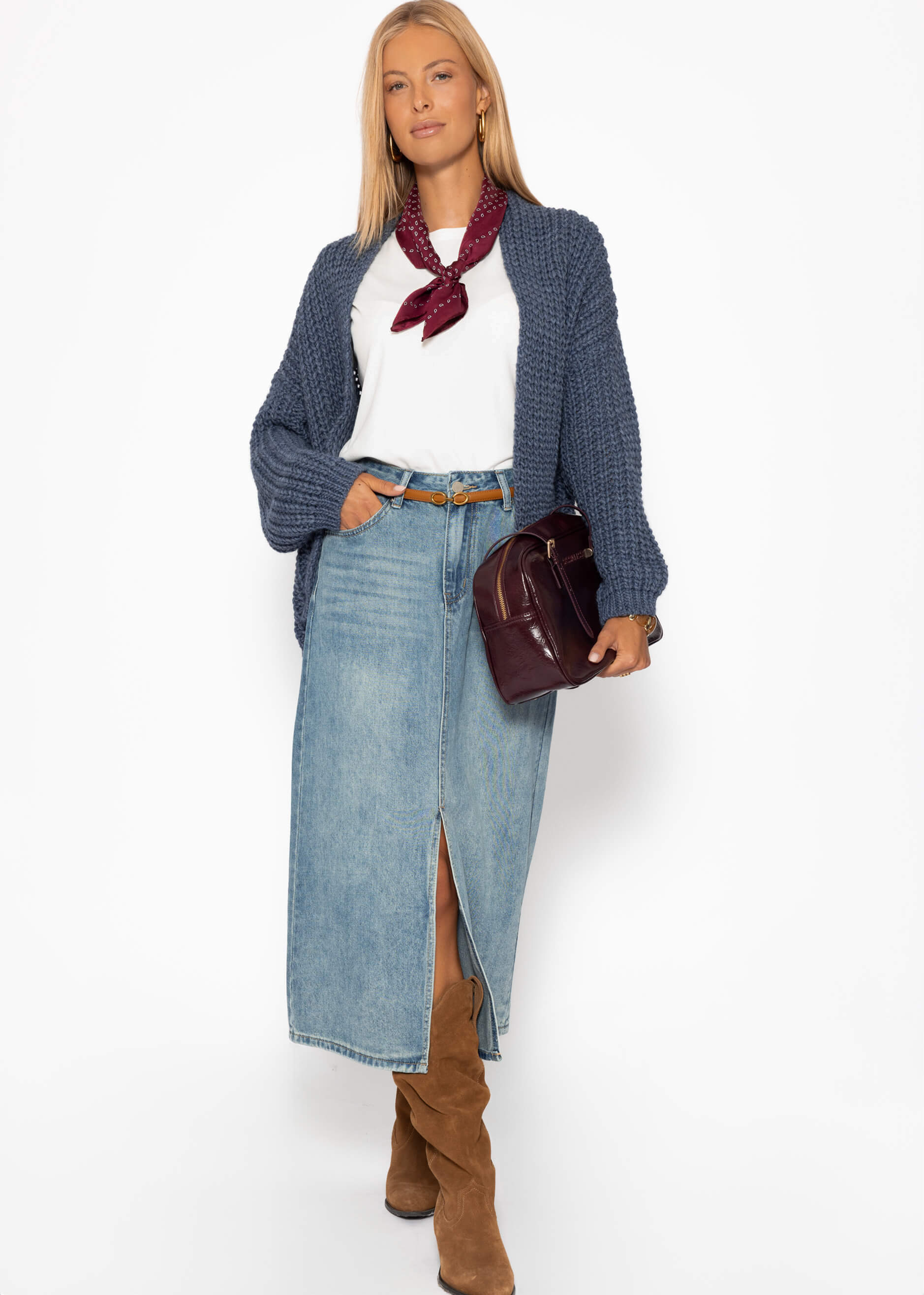 Offener Grobstrick-Cardigan - Blau
