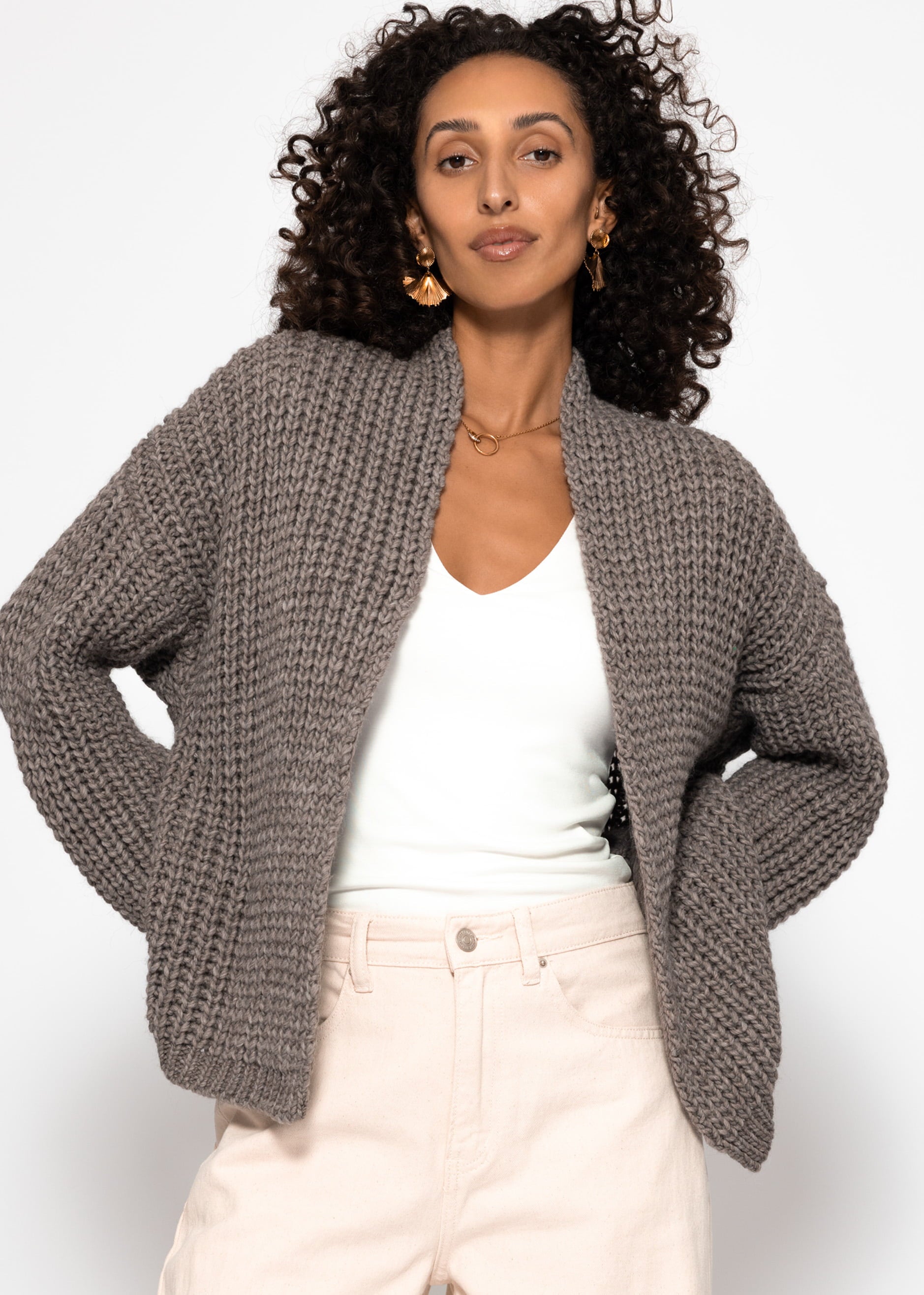 Offener Grobstrick -Cardigan - Taupe