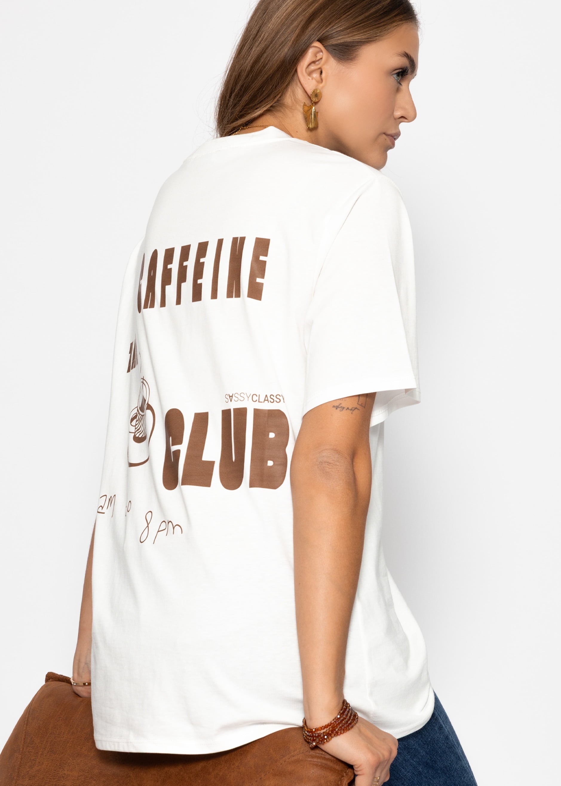 Oversize T-Shirt Mit "Kaffi Club" Drécken - Offhite
