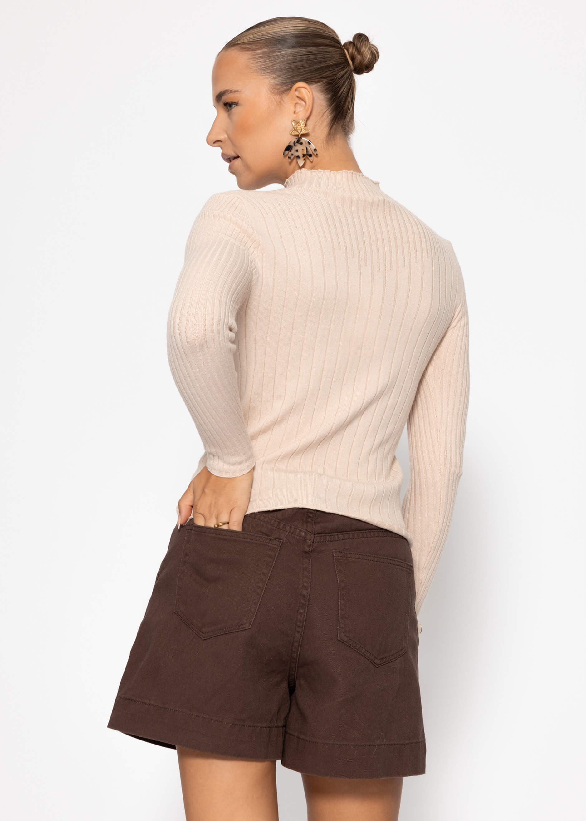 Rippstrickoboberteil Mit Stehkragen - Beige