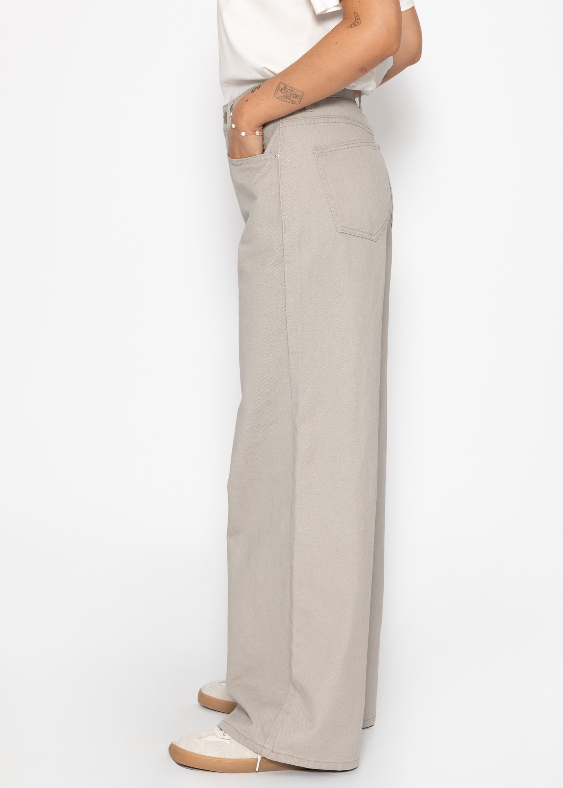 Breet Leg Jeans Mëllech Huheel Bund - Greige