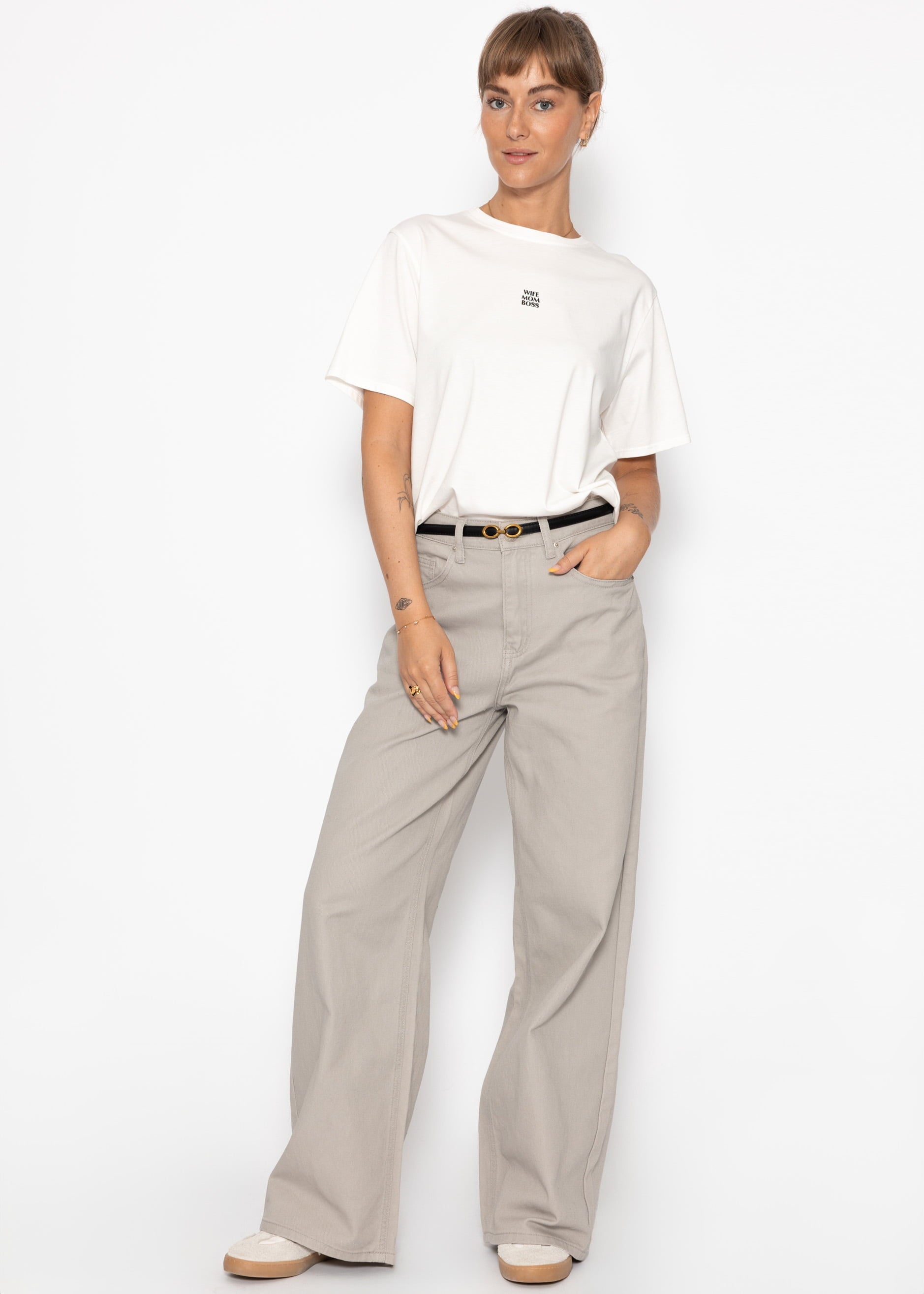 Breet Leg Jeans Mëllech Huheel Bund - Greige
