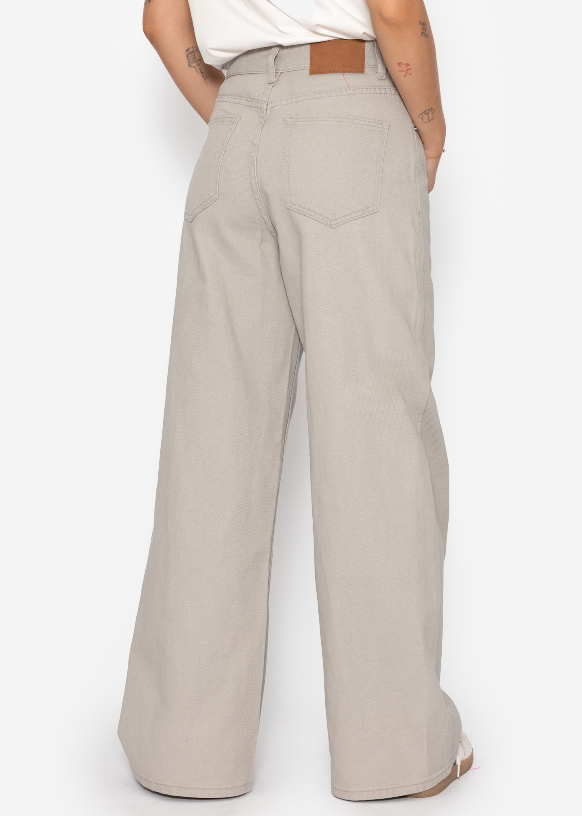 Breet Leg Jeans Mëllech Huheel Bund - Greige