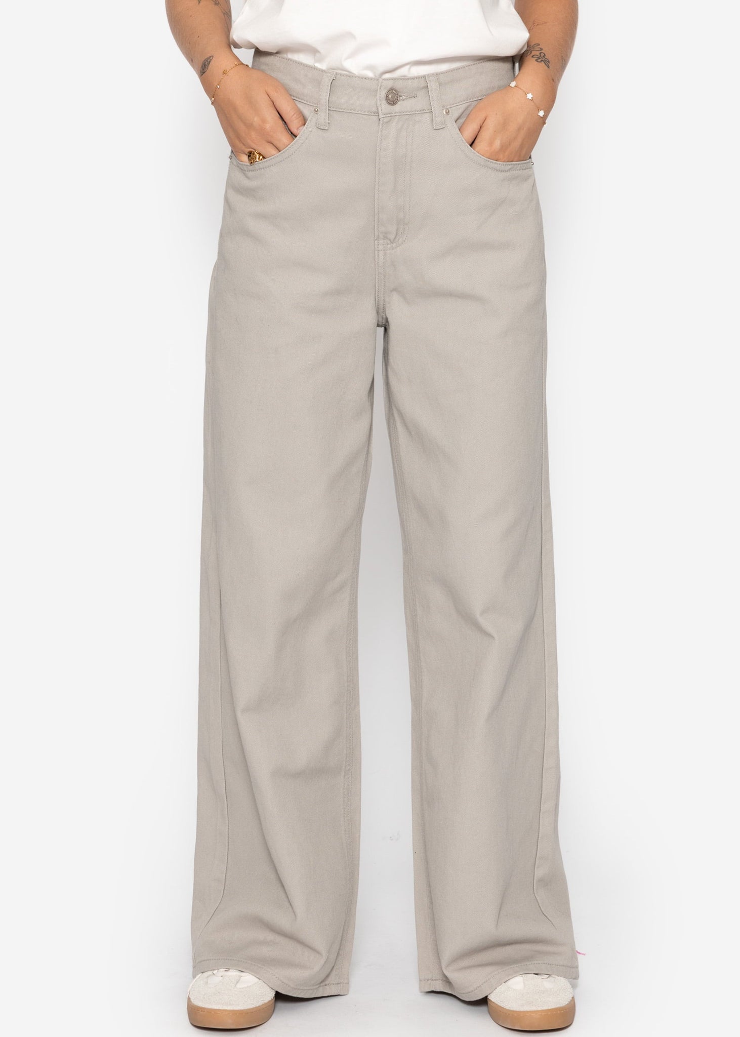 Breet Leg Jeans Mëllech Huheel Bund - Greige
