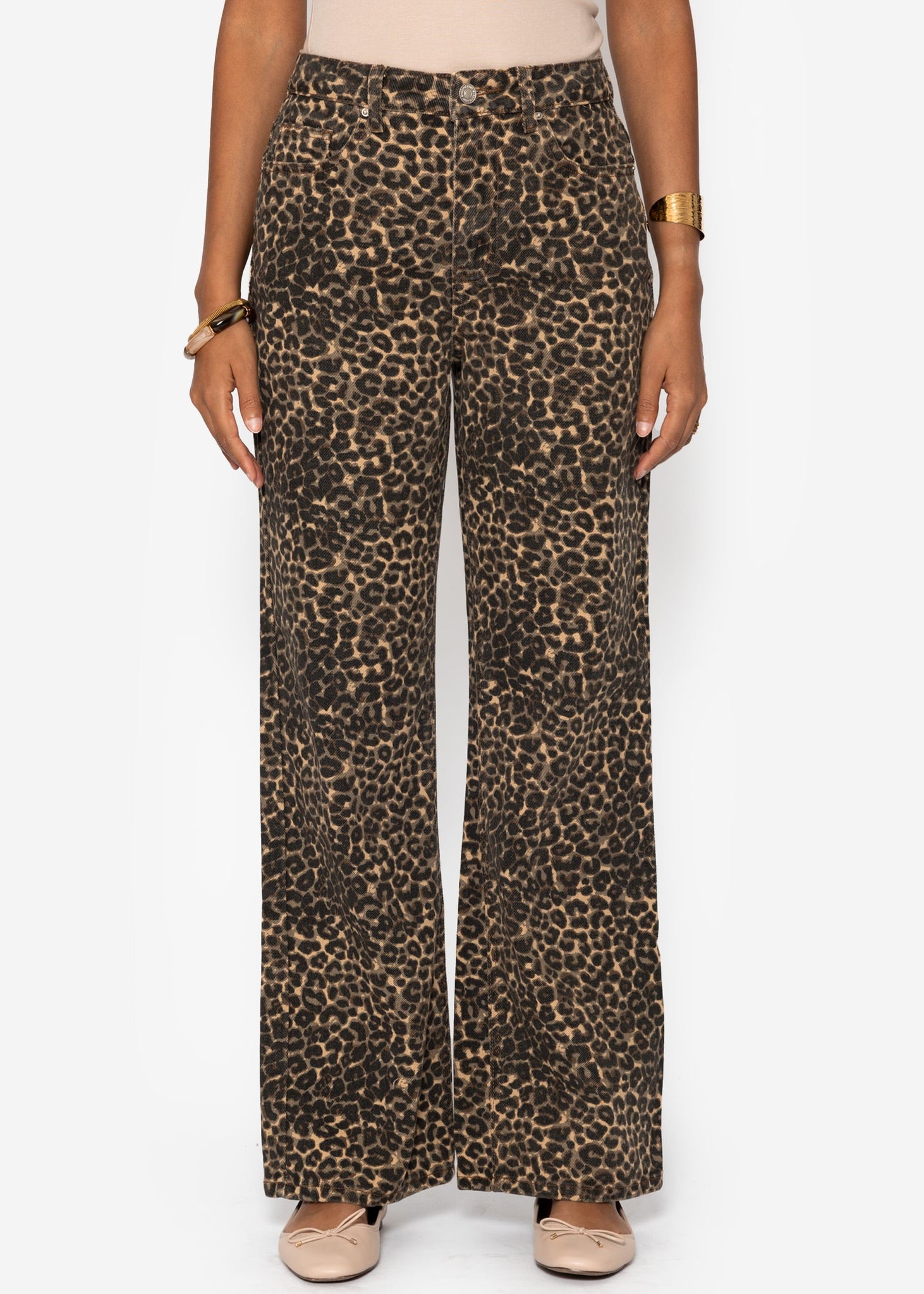 Breet Leg Jeans Mëllech Houfhem am Leo-Print - Beier