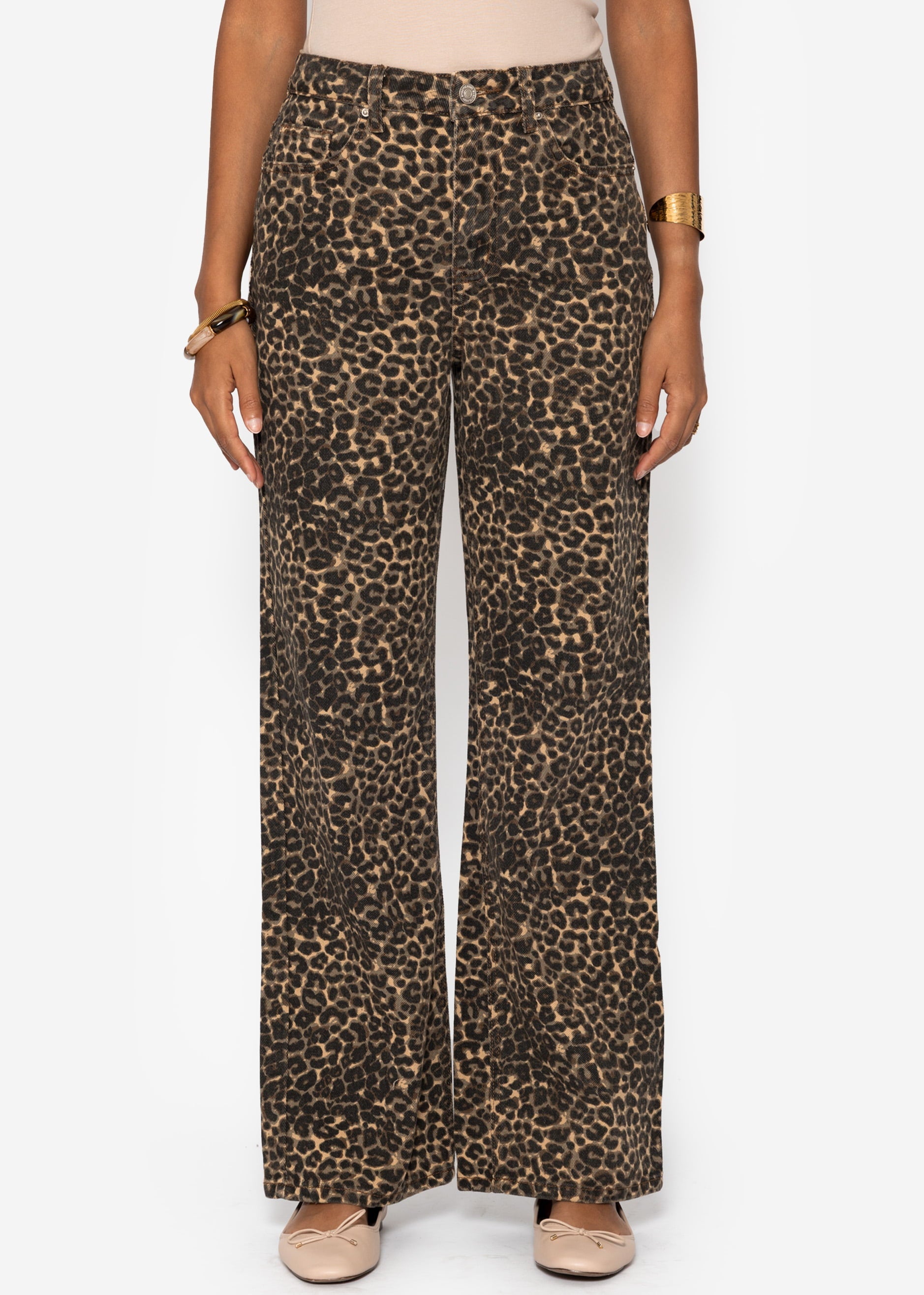 Breet Leg Jeans Mëllech Houfhem am Leo-Print - Beier