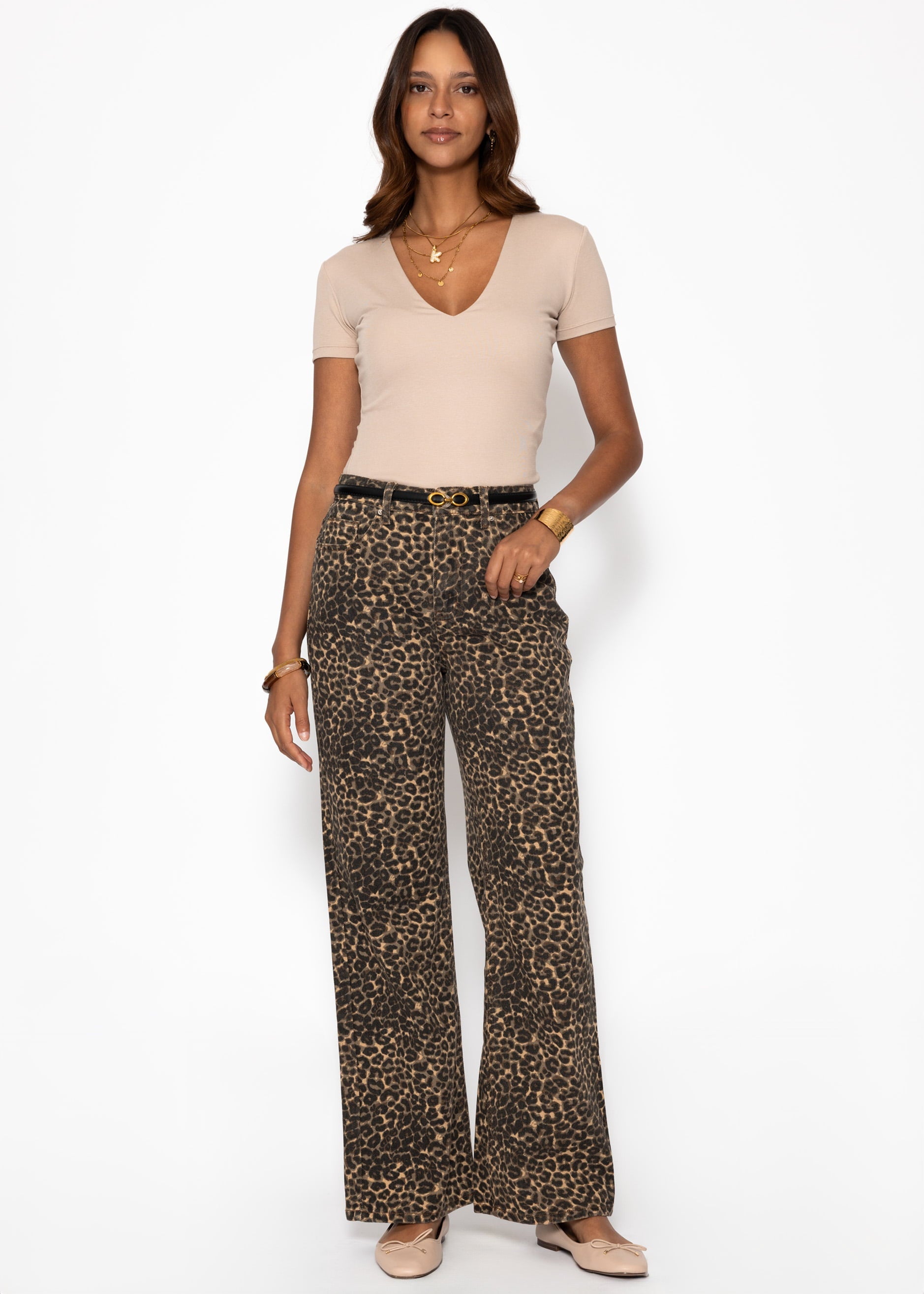 Breet Leg Jeans Mëllech Houfhem am Leo-Print - Beier