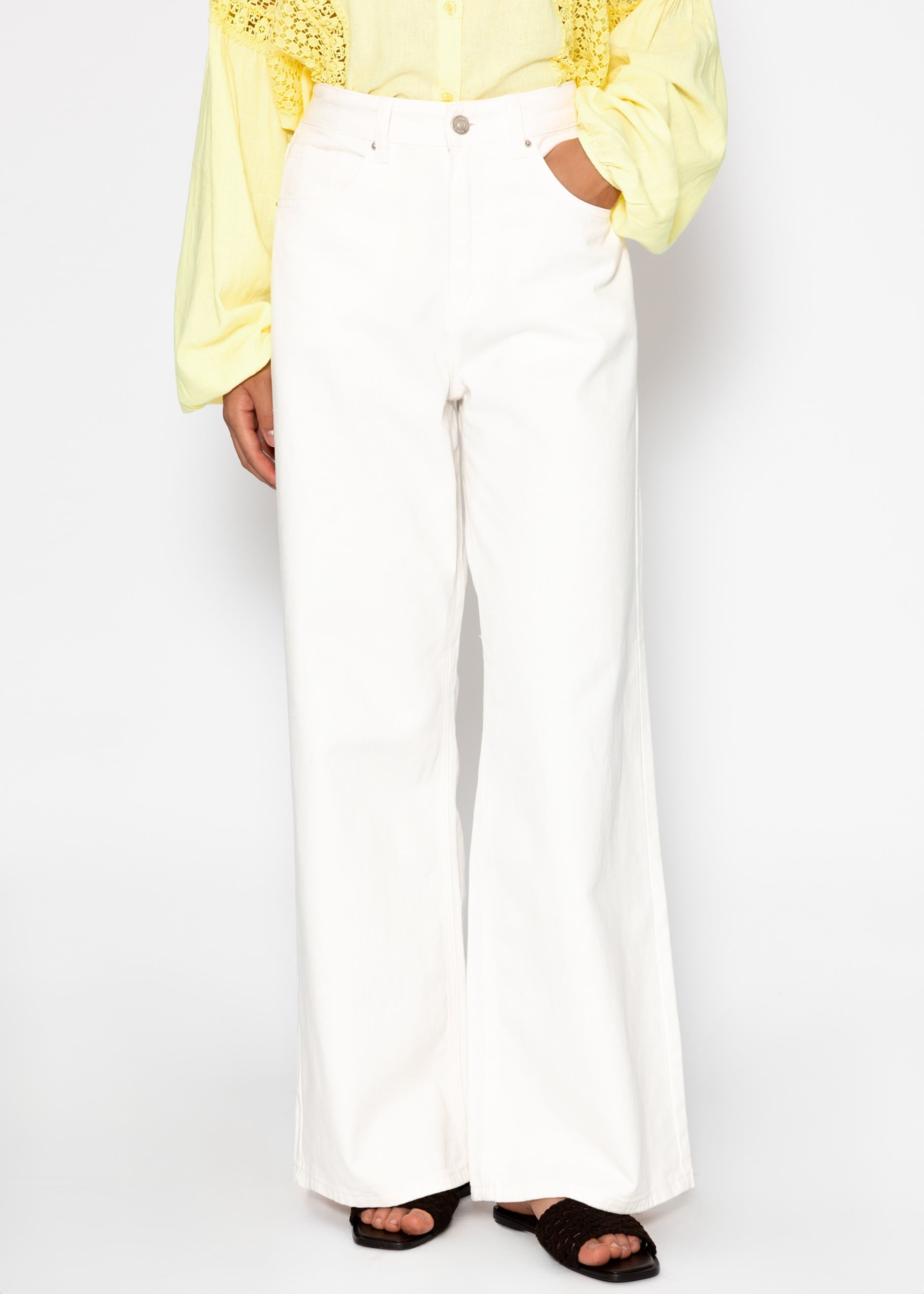 Breet Leg Jeans Mëllech Huhem Bund - Outwhite