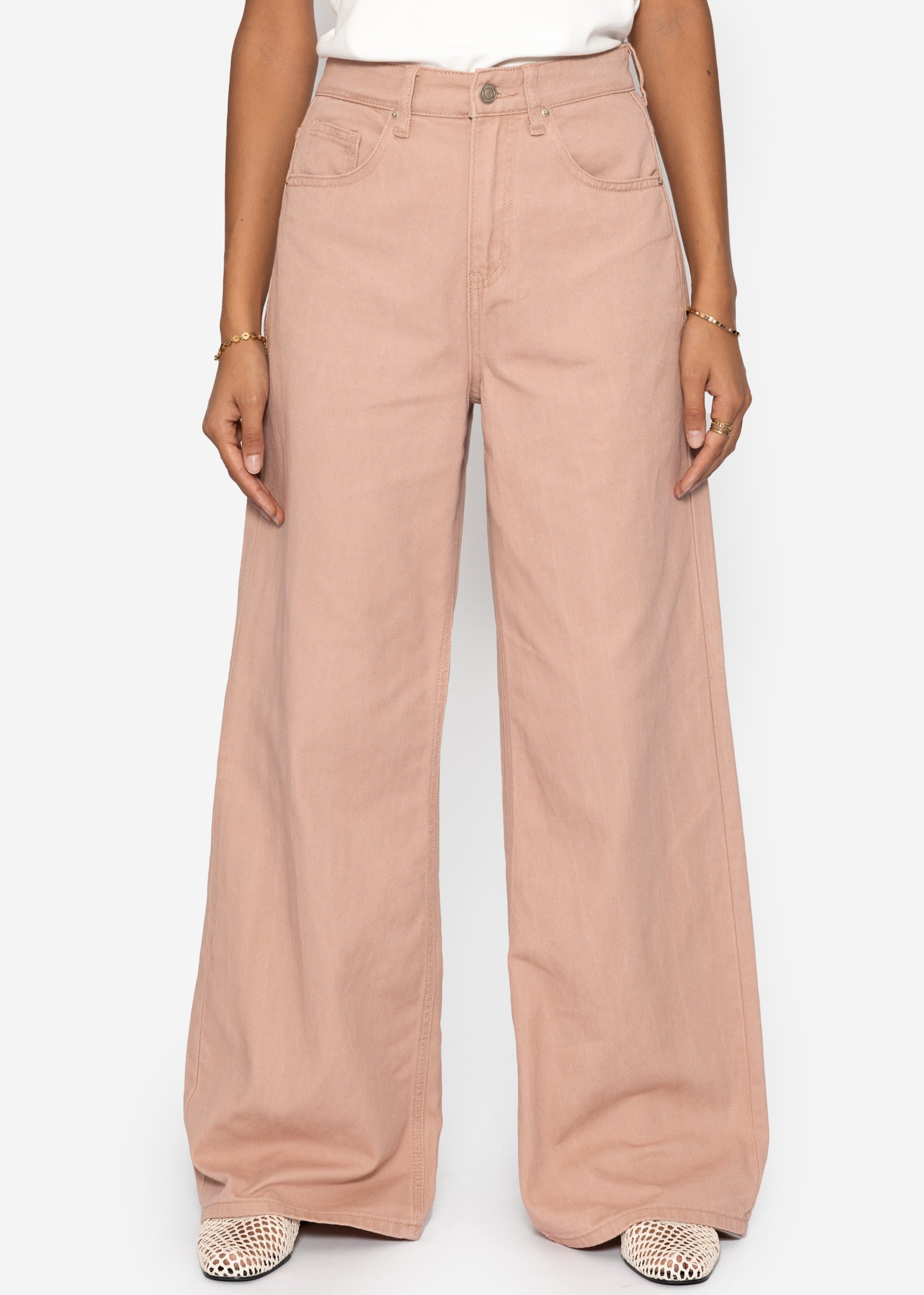 Breet Leg Jeans Mëllech Holhem Bund - Rosa