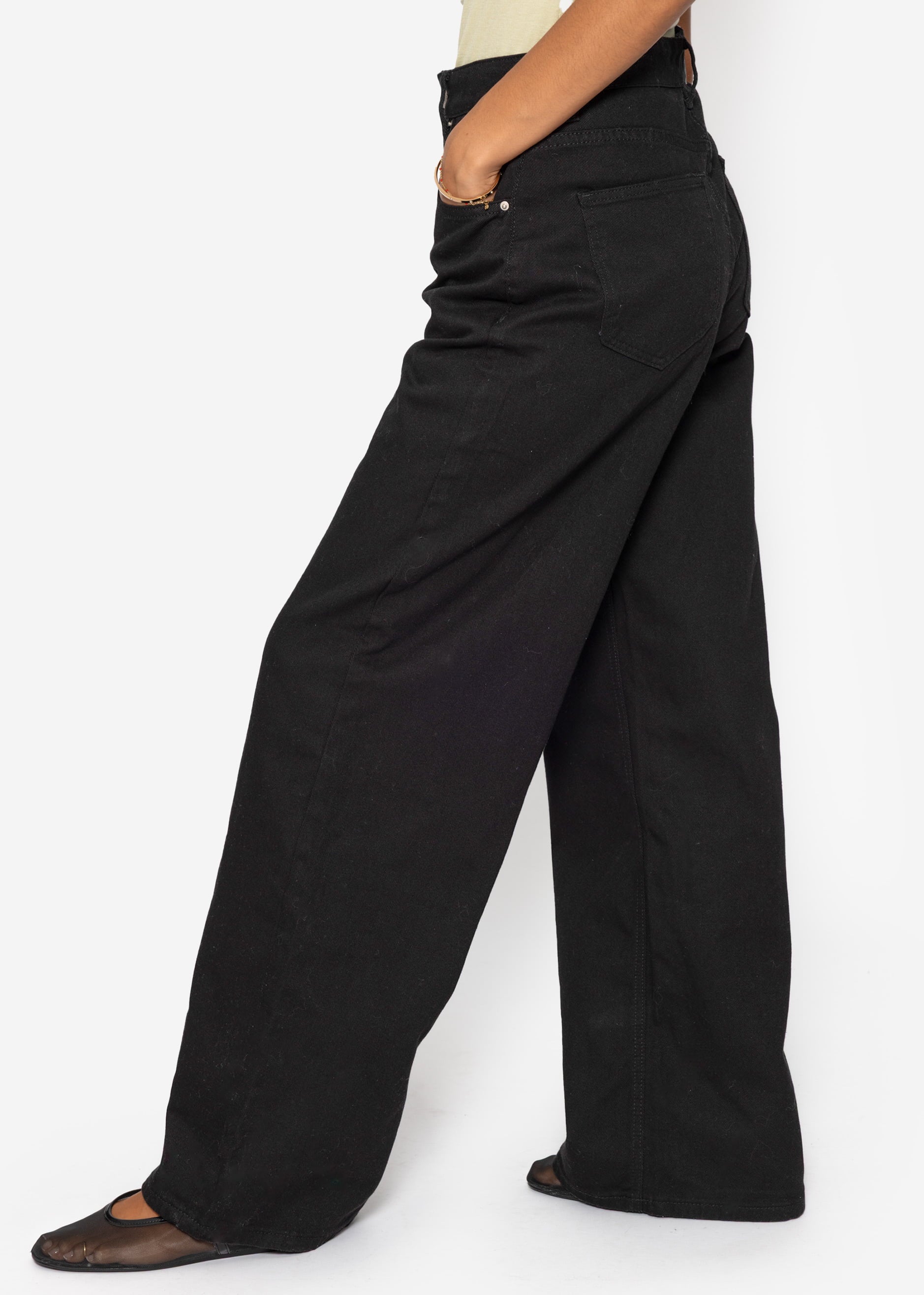 Breet Leg Jeans Mëllech Holh Hund - Schwarz