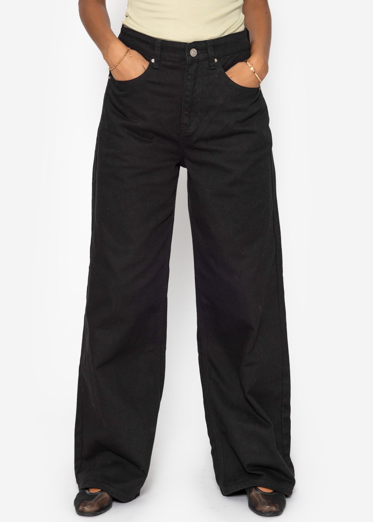 Breet Leg Jeans Mëllech Holh Hund - Schwarz