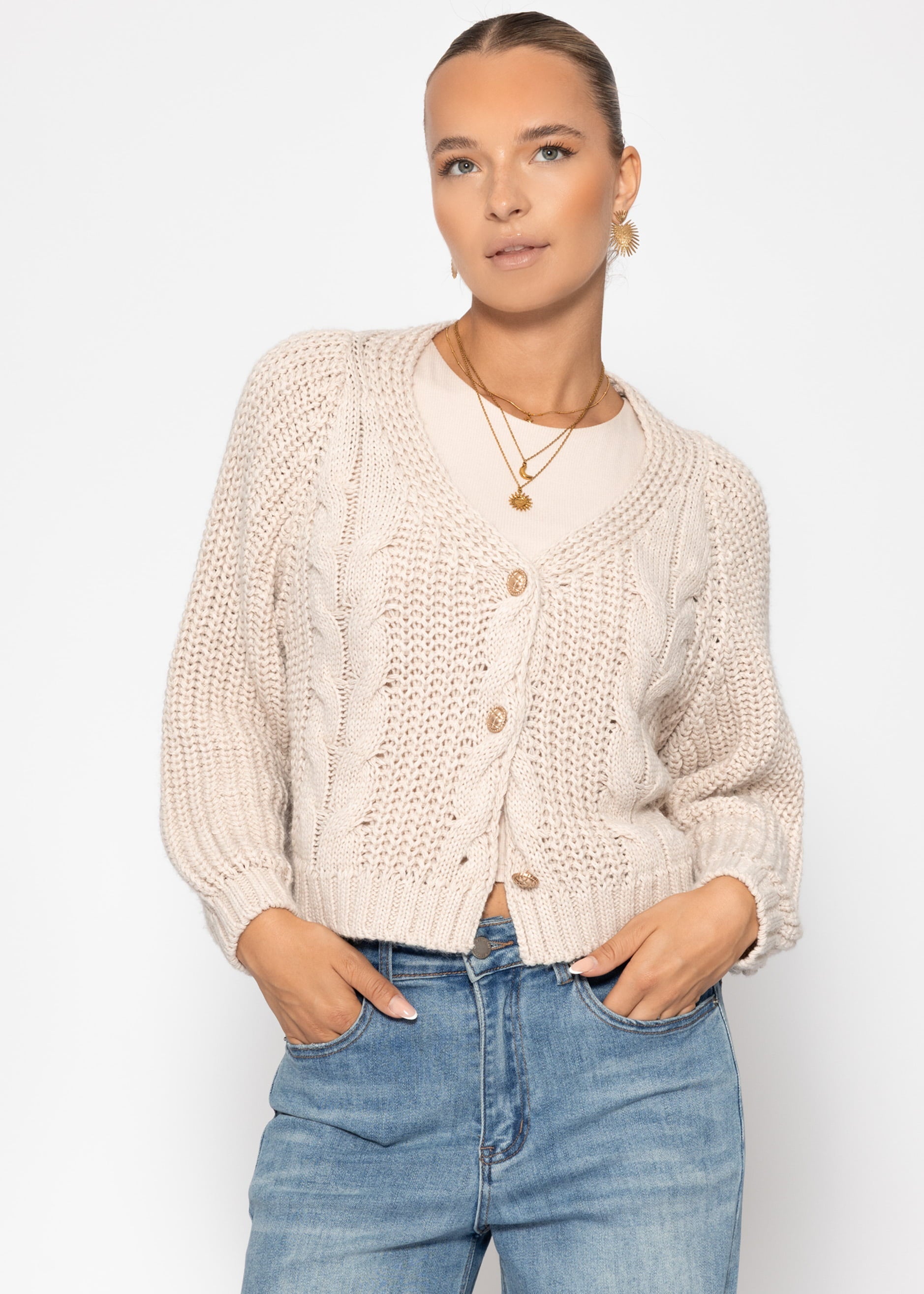 Zopfstrick -cardigan mit knopfleiste - beige